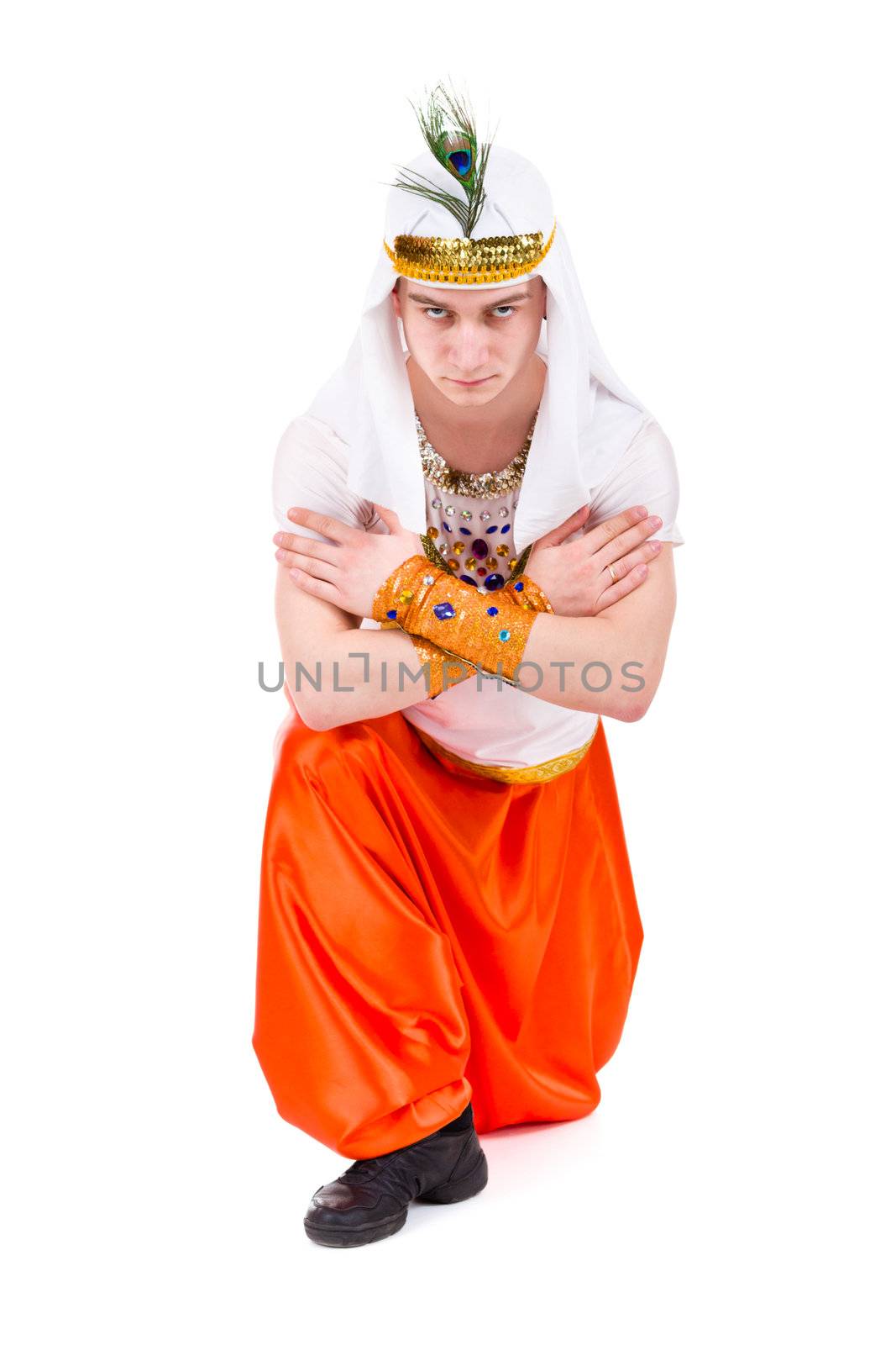 Dancing pharaoh wearing a egyptian costume. Isolated on white background in full length.