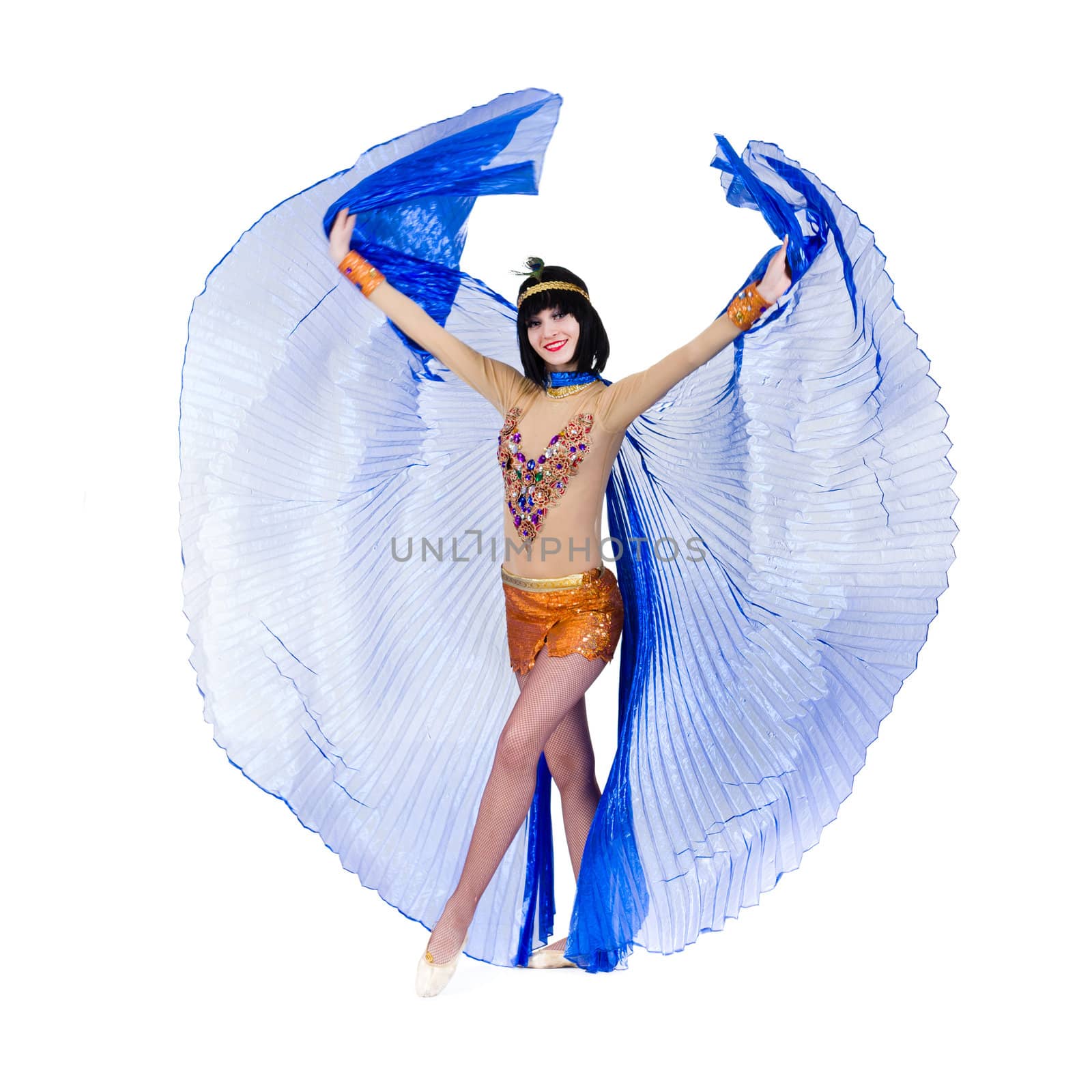 Dancing pharaoh woman wearing a egyptian costume. Isolated on white background in full length.