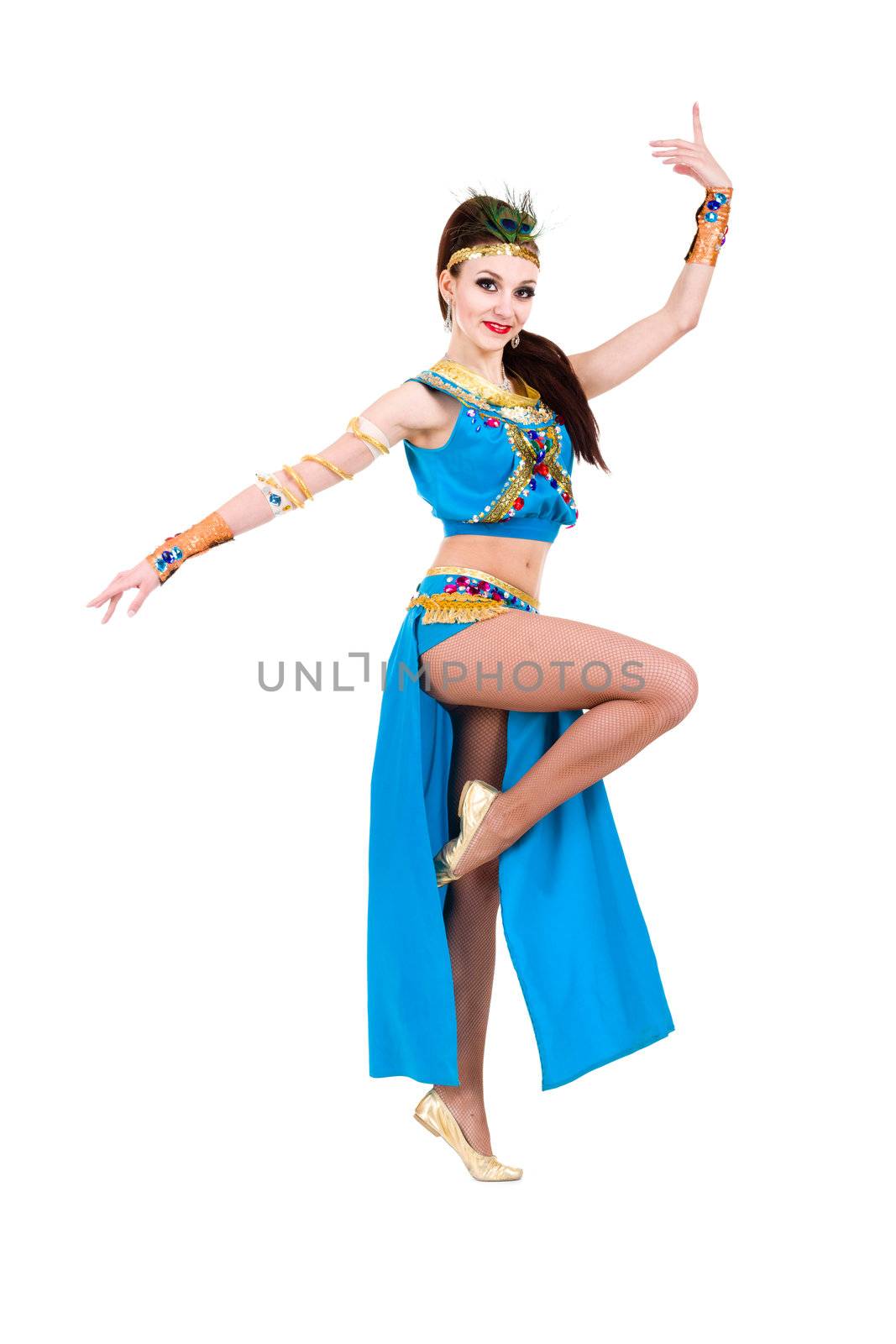 Dancing pharaoh woman wearing a egyptian costume. Isolated on white background in full length.