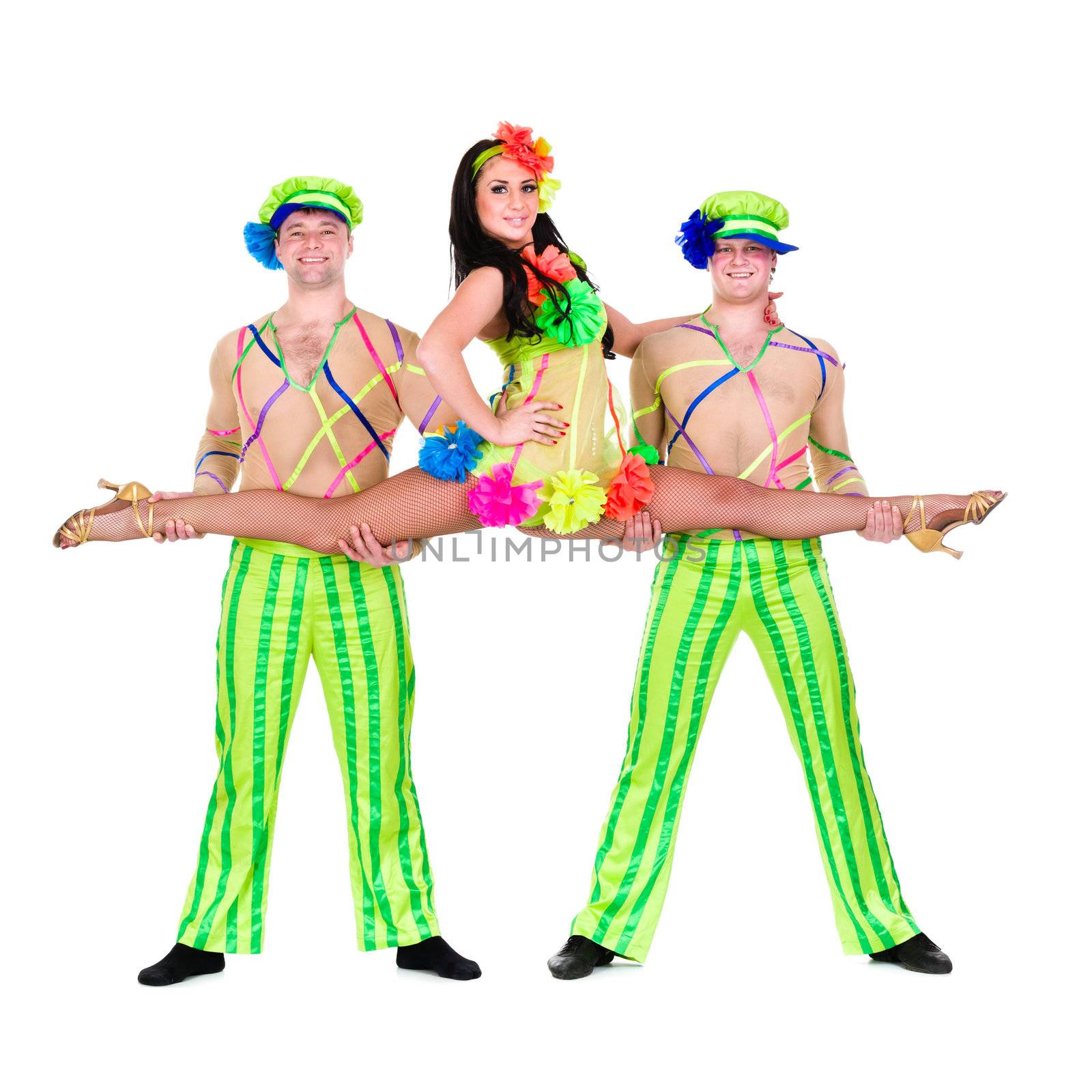acrobat carnival dancers doing splits against isolated white background