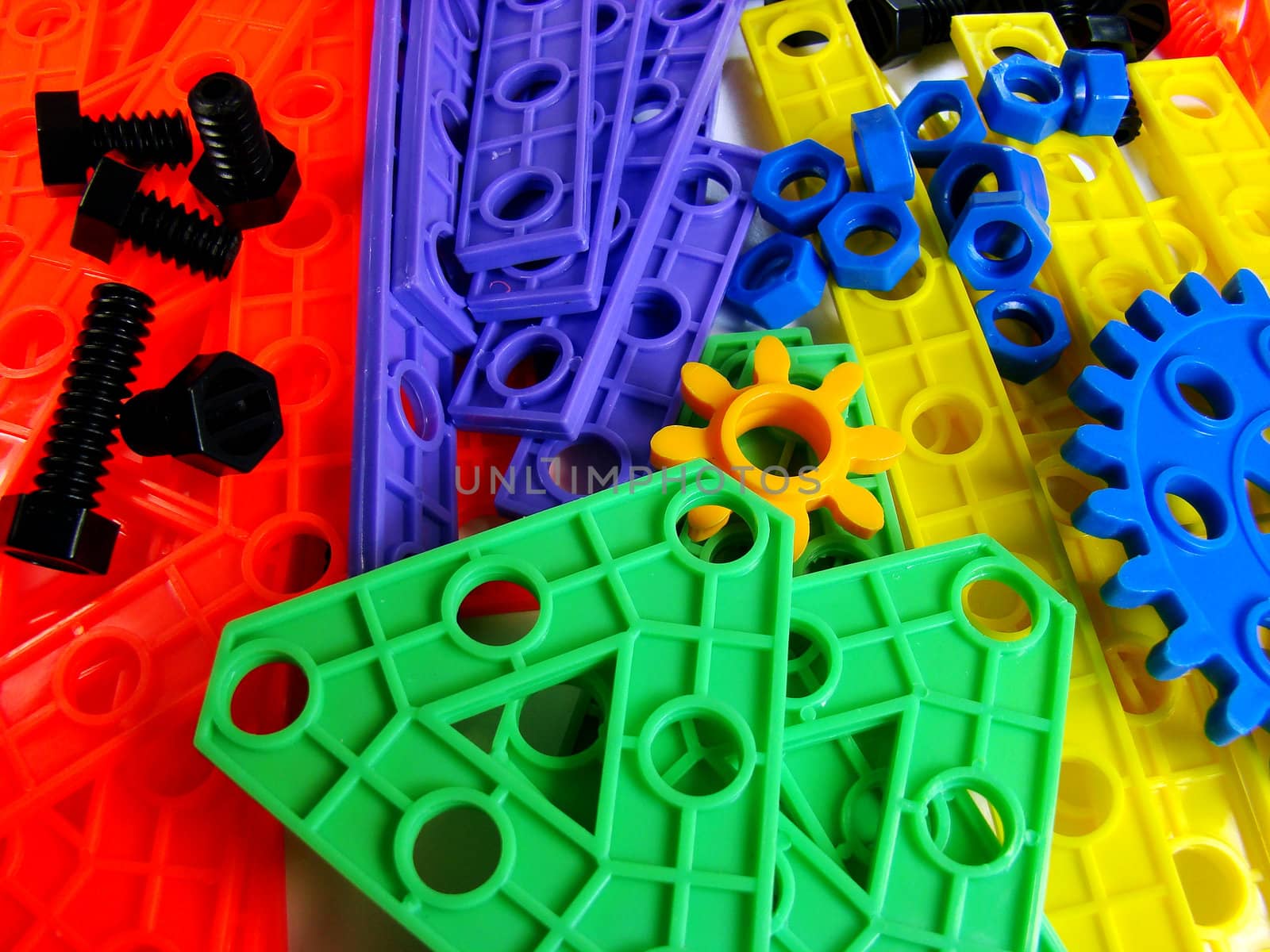 Colorful display of building pieces. Entertainment for children.