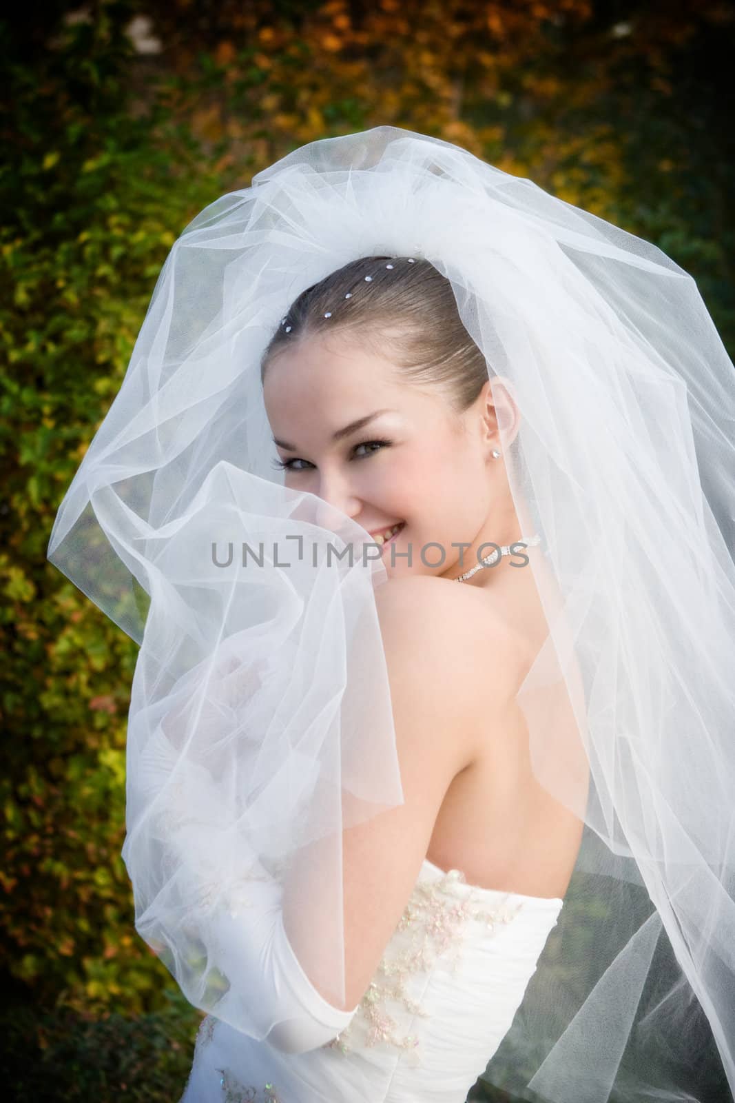 a smiling bride hides into her veil by vsurkov
