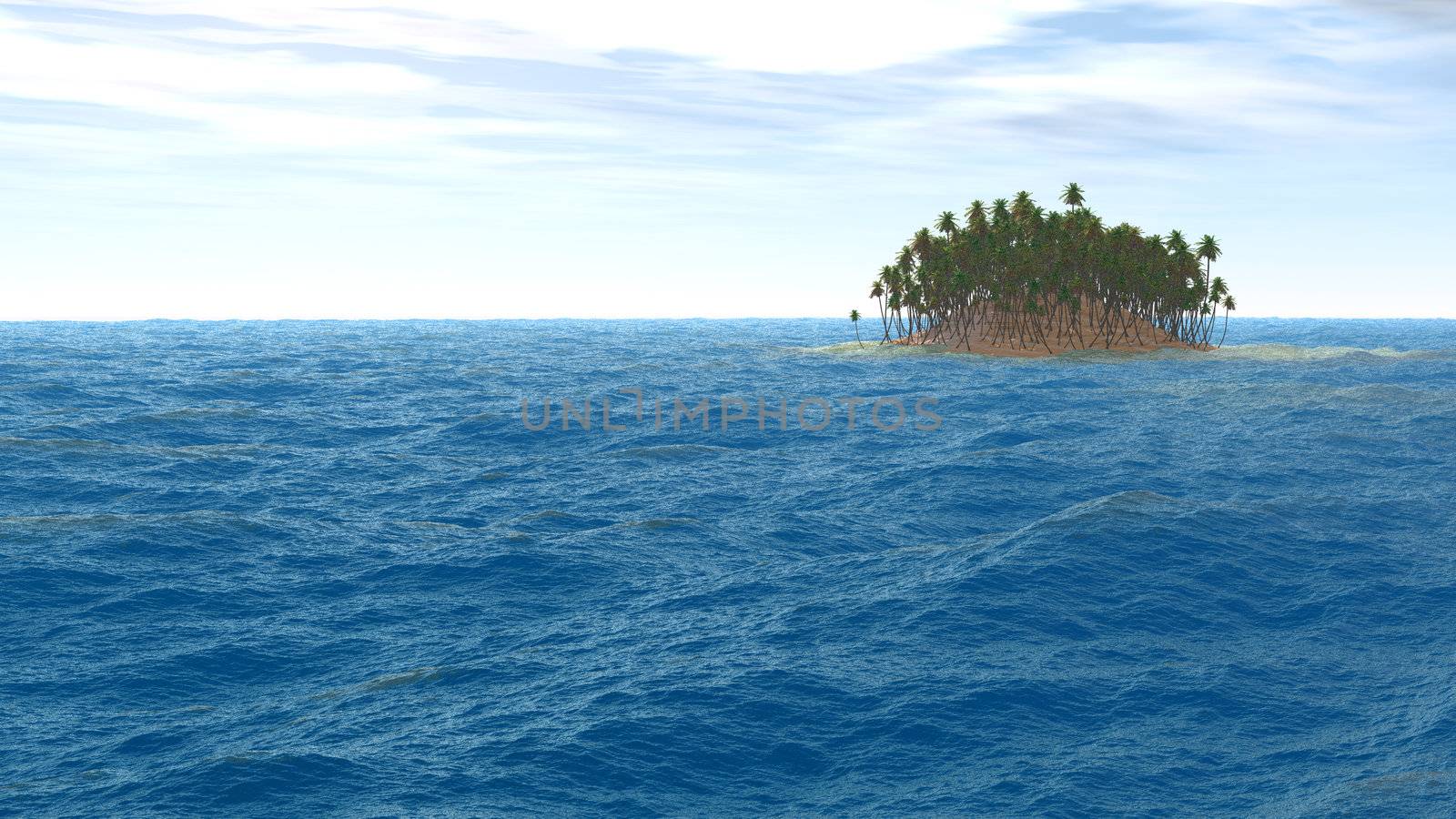 Island with palm trees on horizon of restless ocean