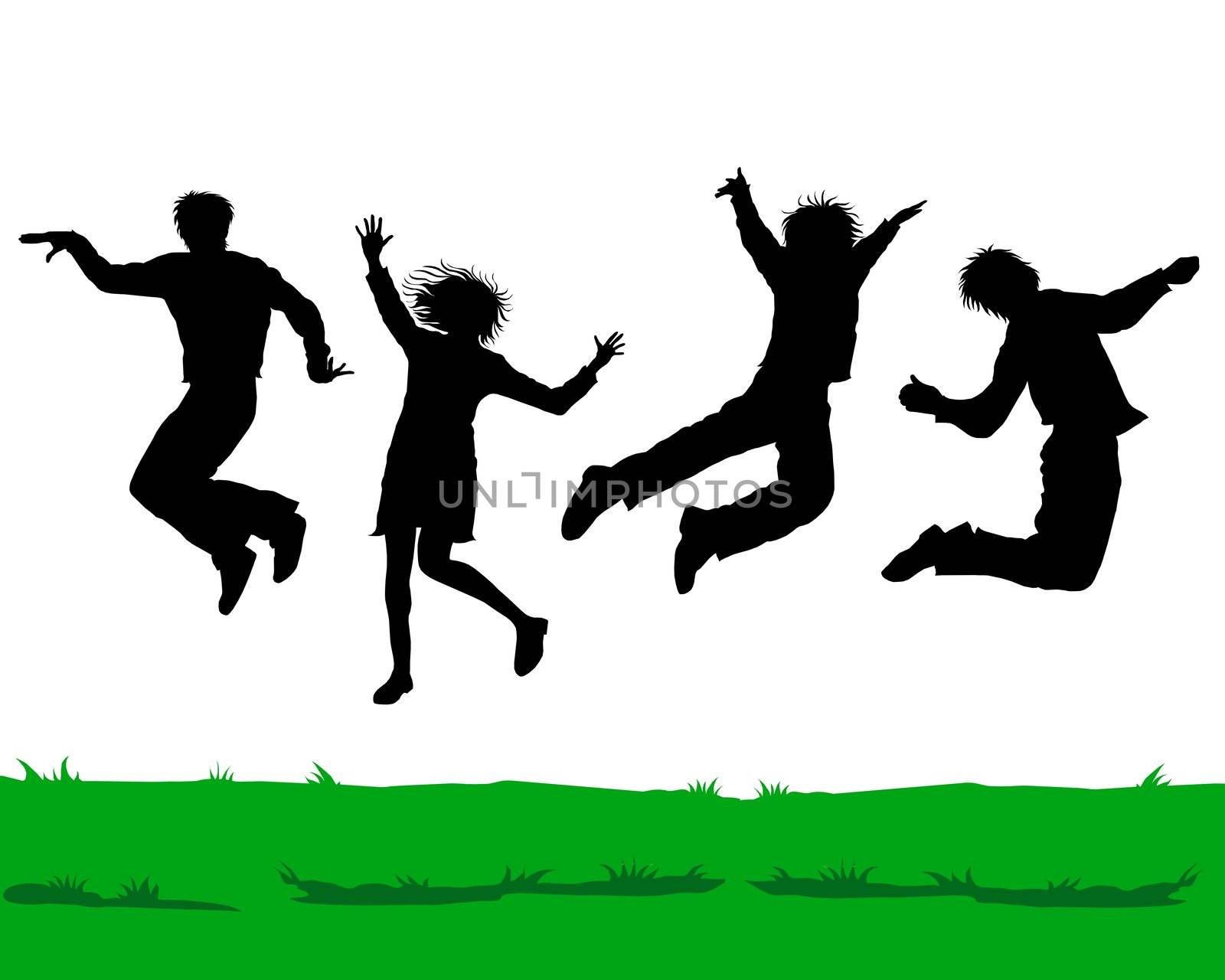 silhouettes of jumping people
