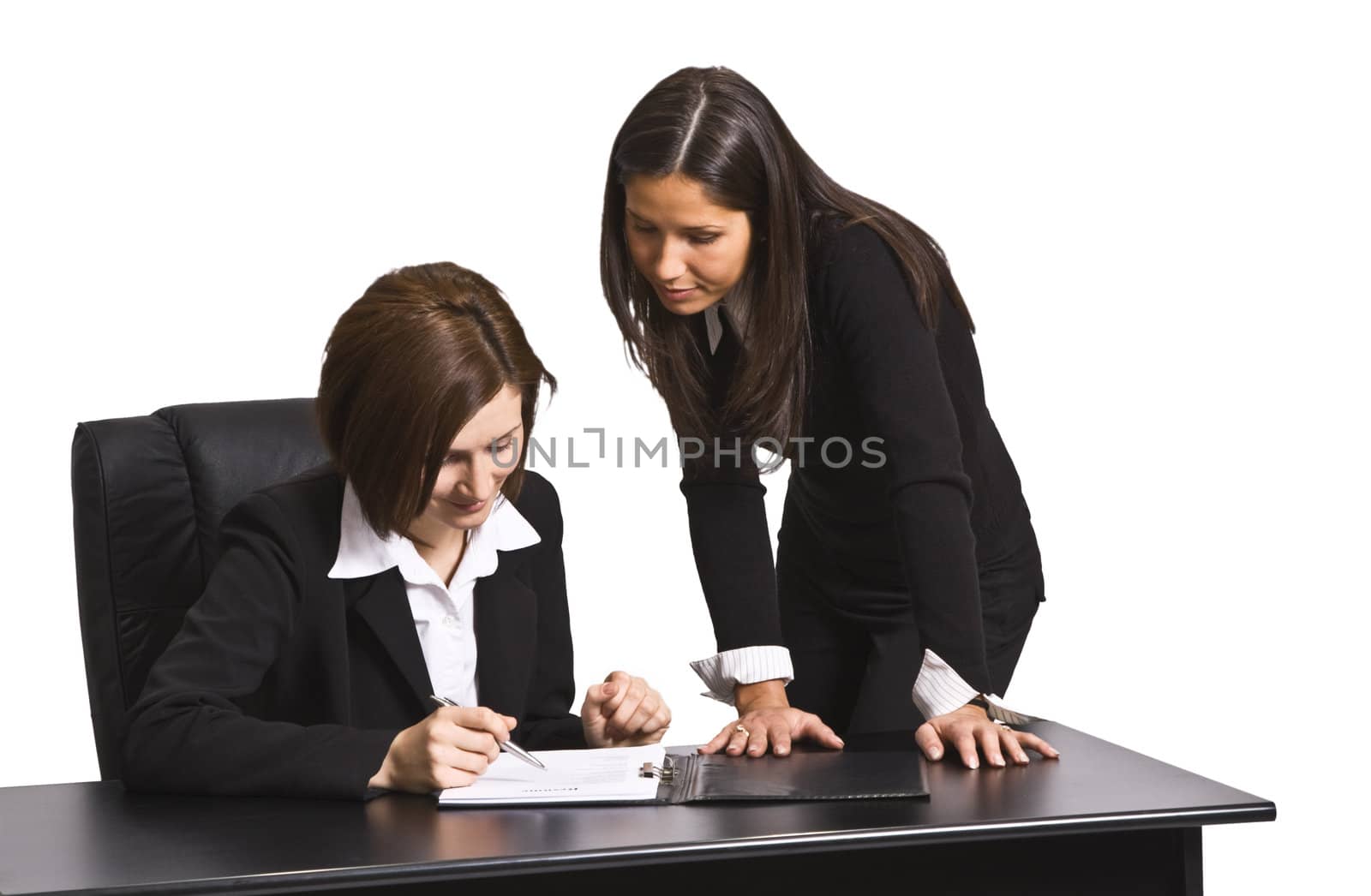 Two businesswomen working together in an office.