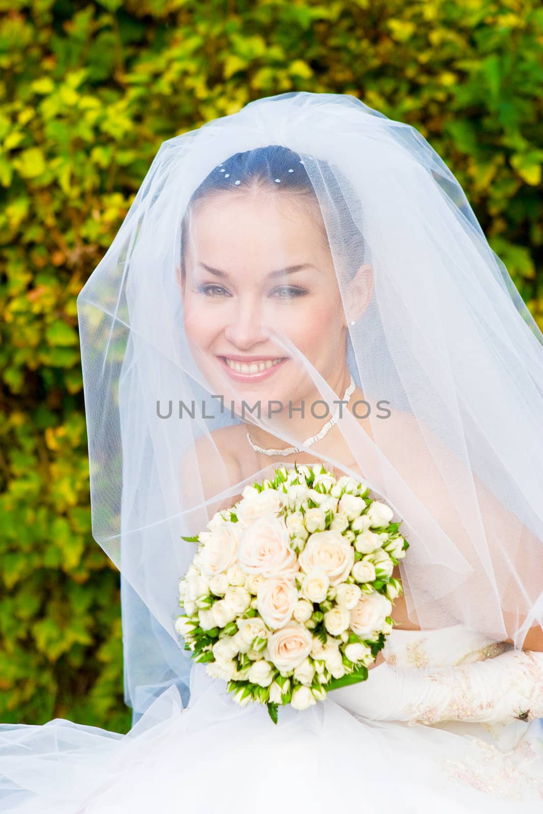 a portrait of the beautiful happy bride under the veil by vsurkov