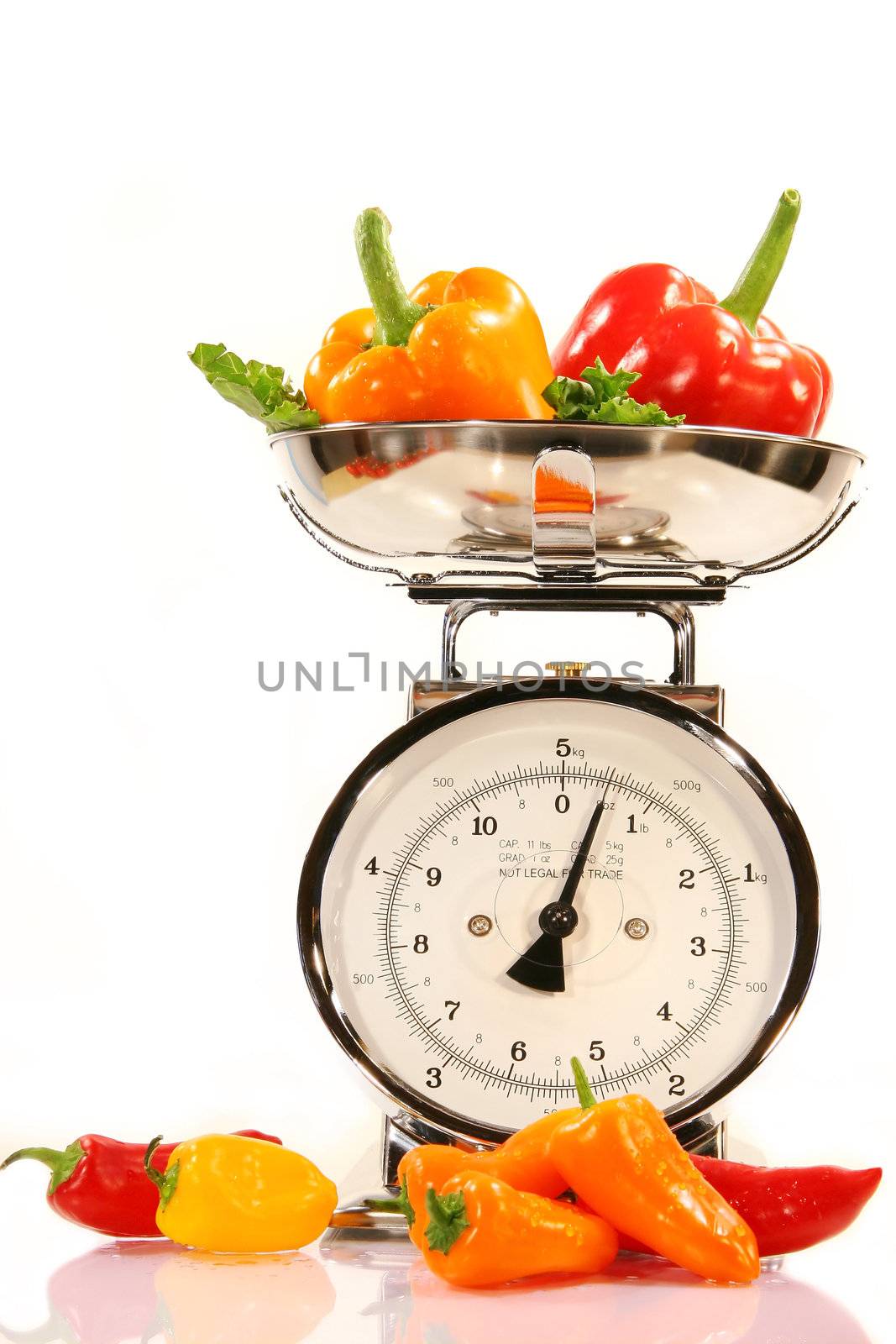 Colored peppers with kitchen food scale on white background