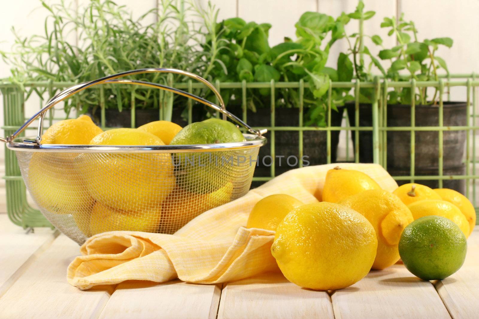 Lemons and herbs on kitchen counter surface