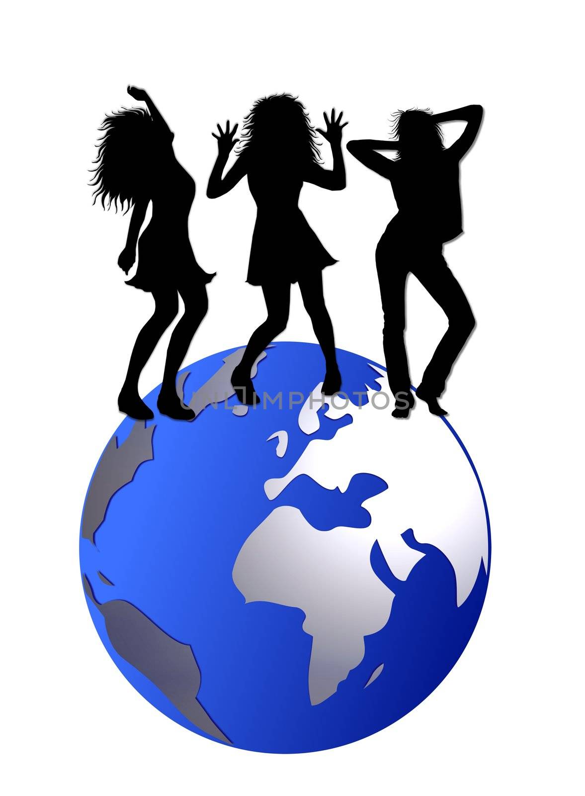 
3 girl silhouettes dancing on the world globe