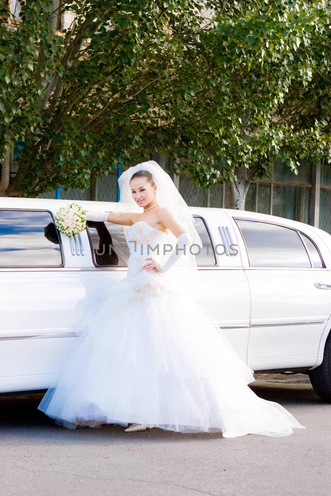 a bride near the long white wedding car by vsurkov