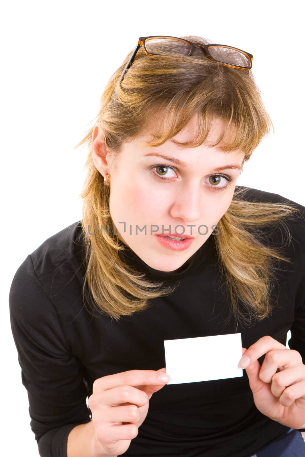 girl with a keyboard and a card for text in her hand