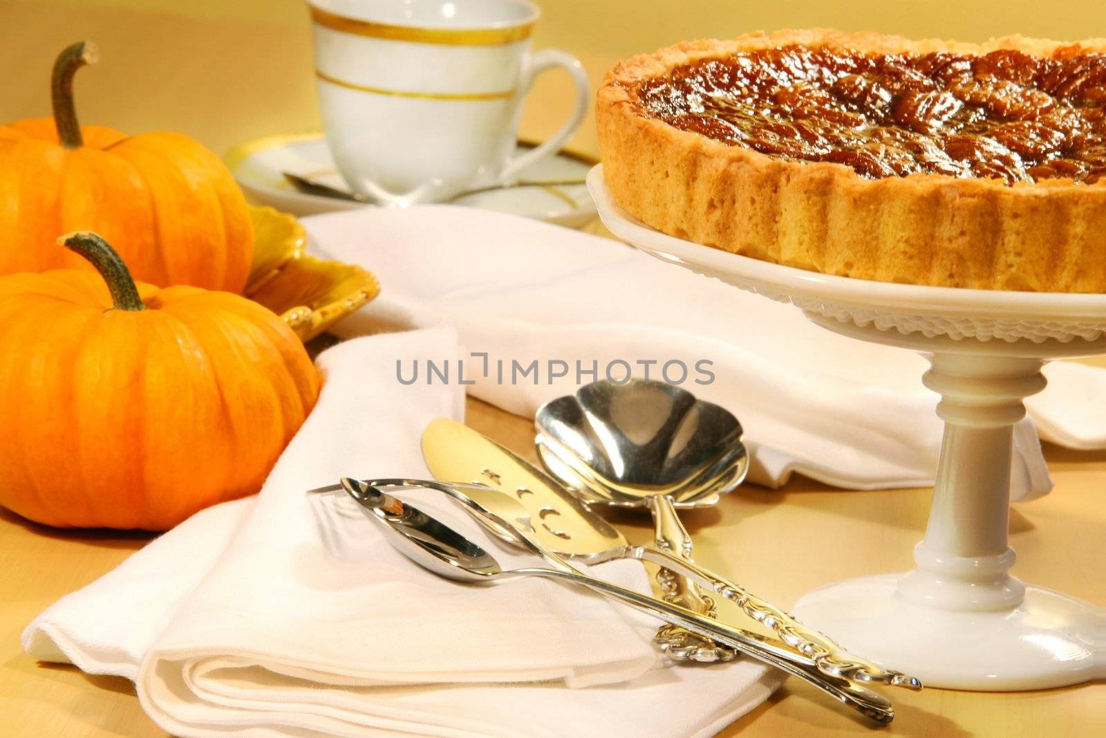 Pecan pie with small pumpkins on the table