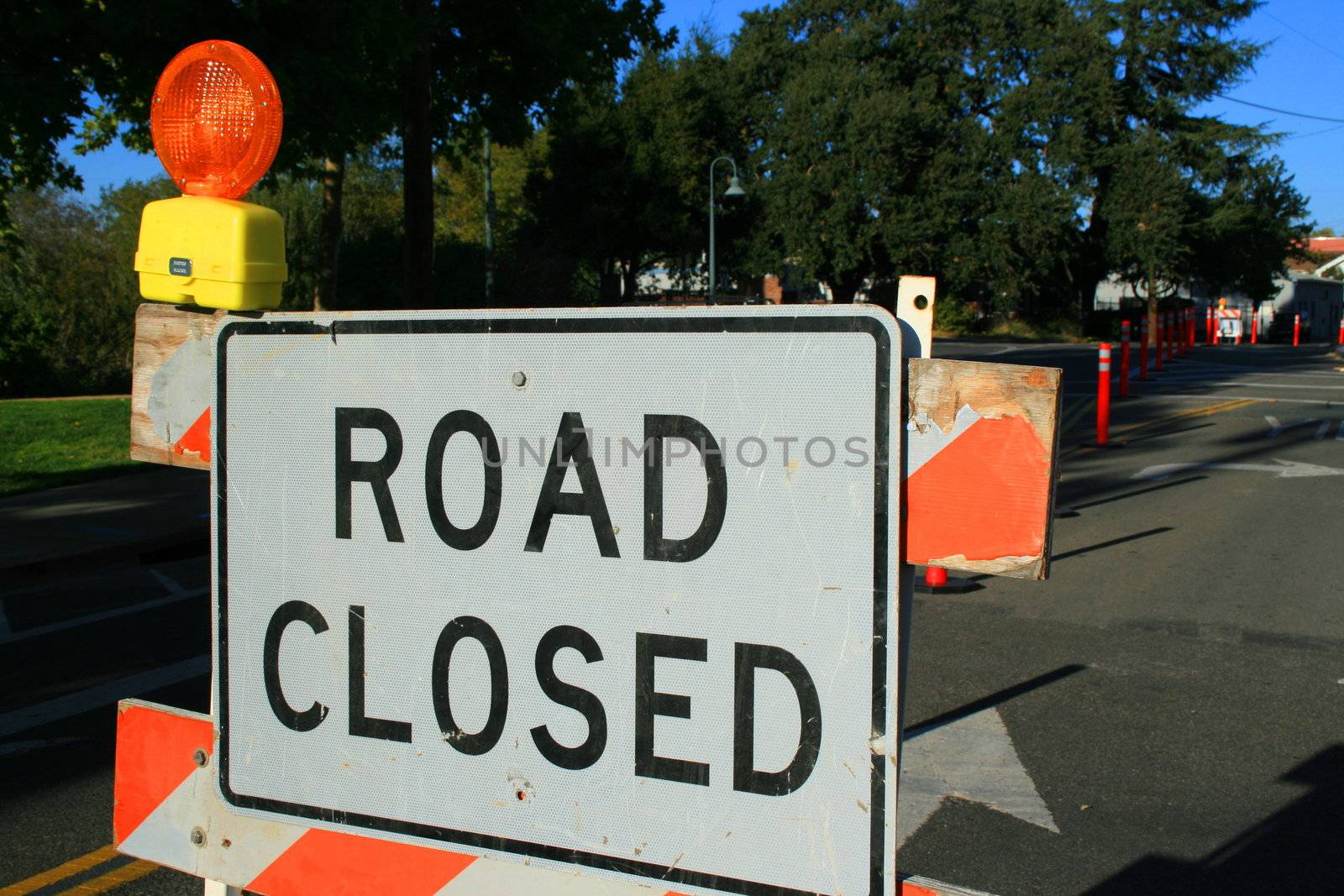 Road closed road sign close up.
