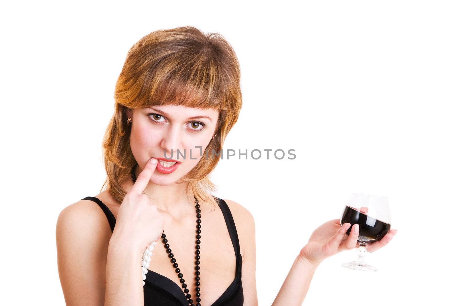 beauty girl tastes wine with her finger