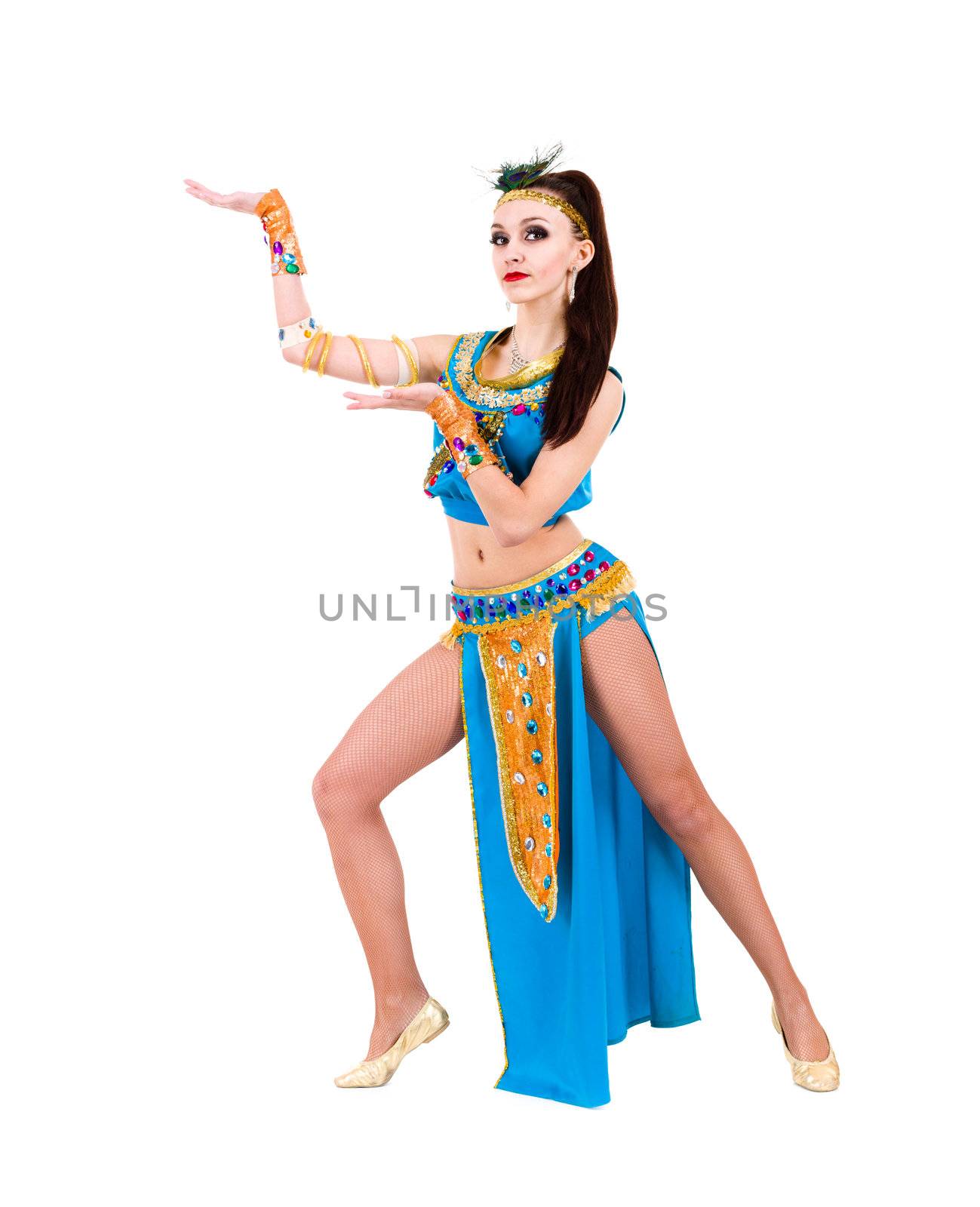Dancing pharaoh woman wearing a egyptian costume. Isolated on white background in full length.