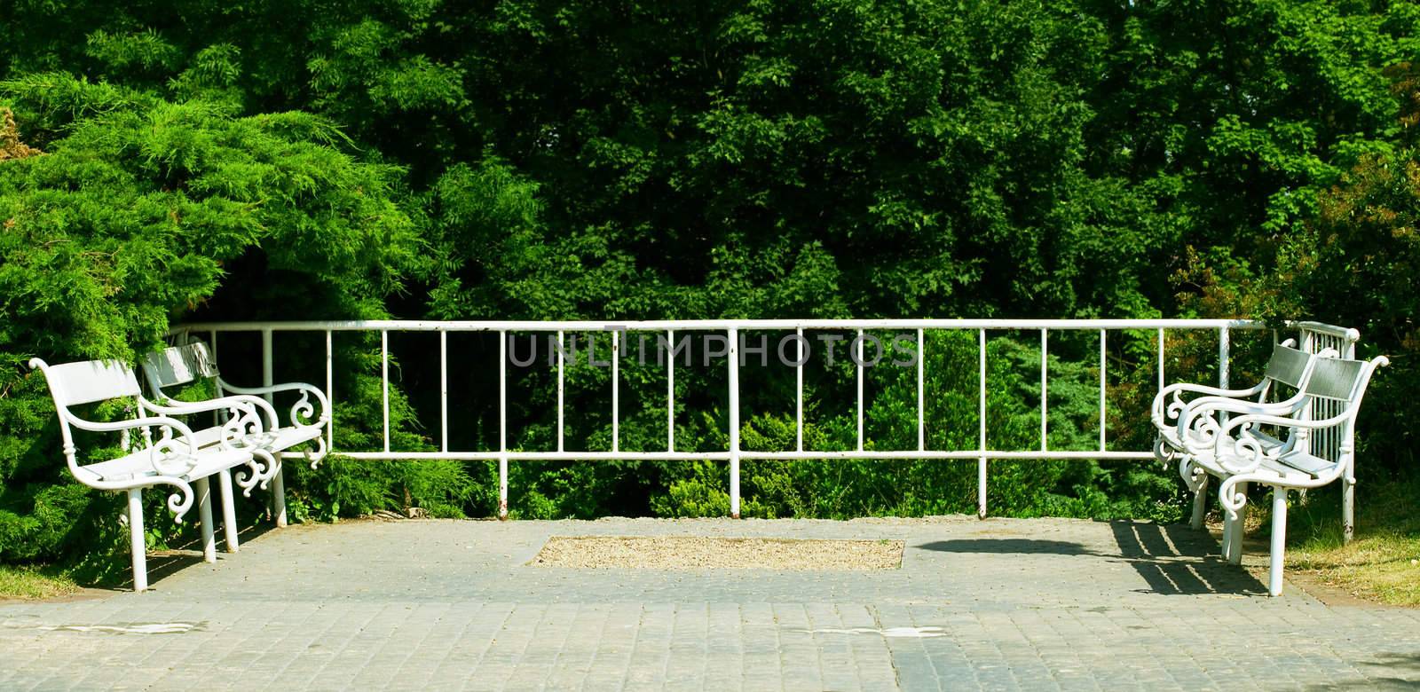 white benches on the green background