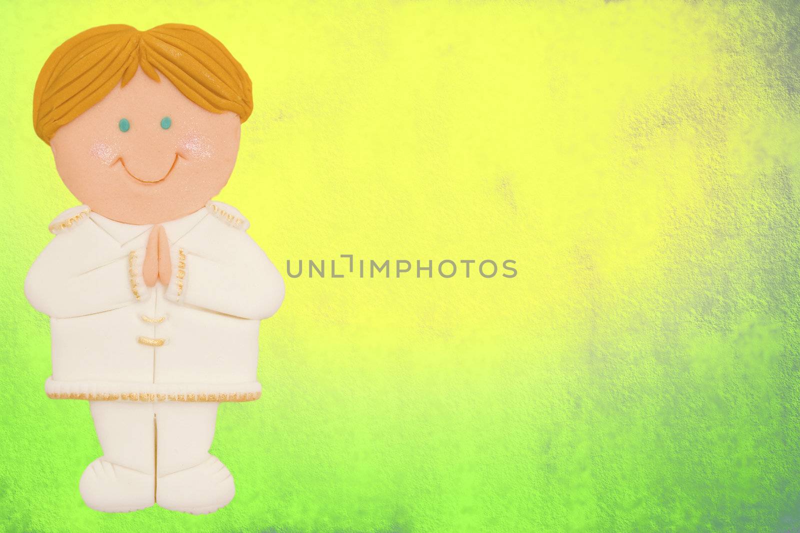 greeting invitation card, first communion, cute blond boy, colorful background