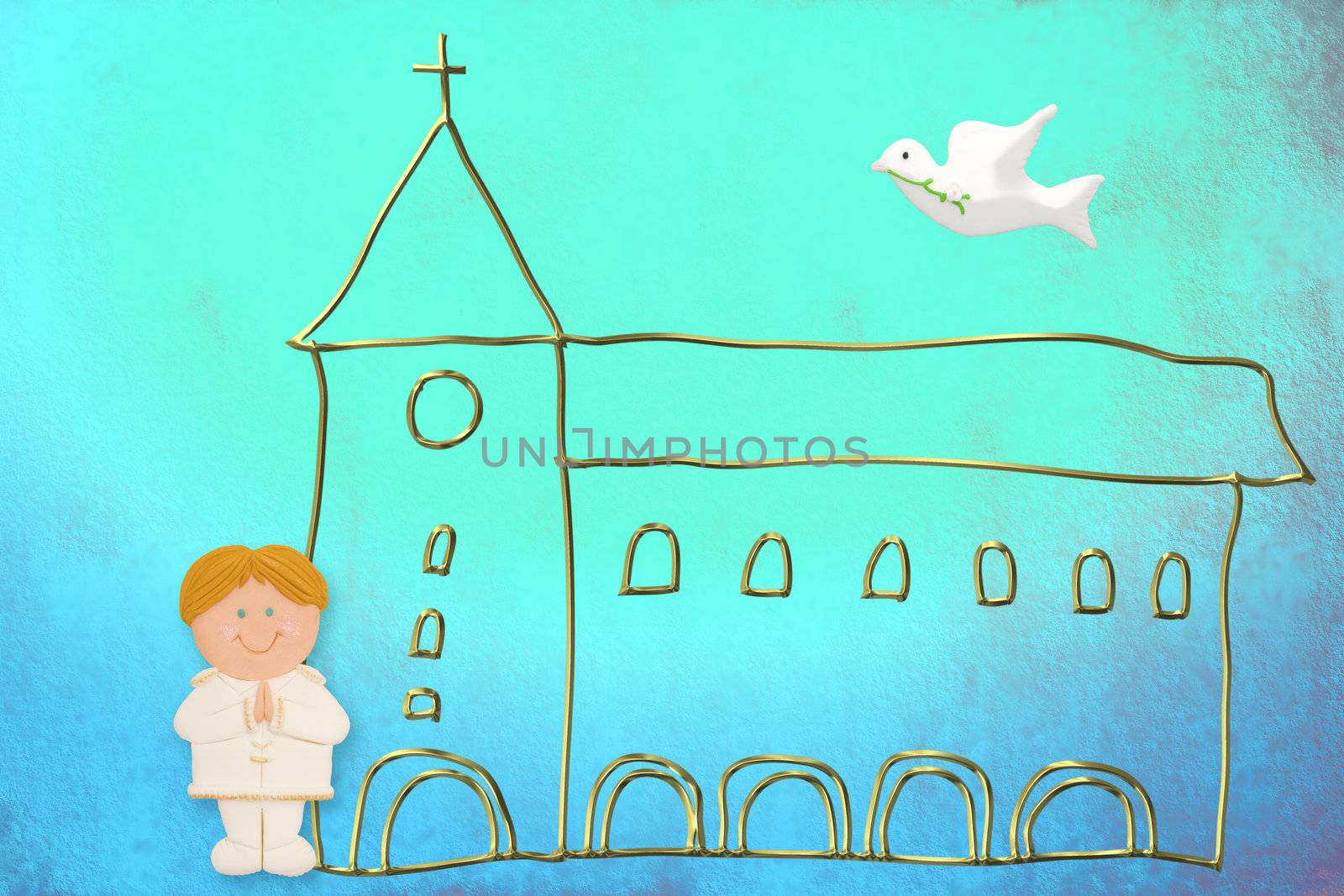 first communion card, cute blonde hair boy  sailor suit, church and dove on a blue background