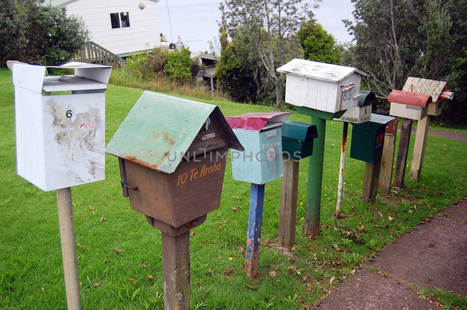 Old mail boxes at rural area, Waiheke Island, New Zealand