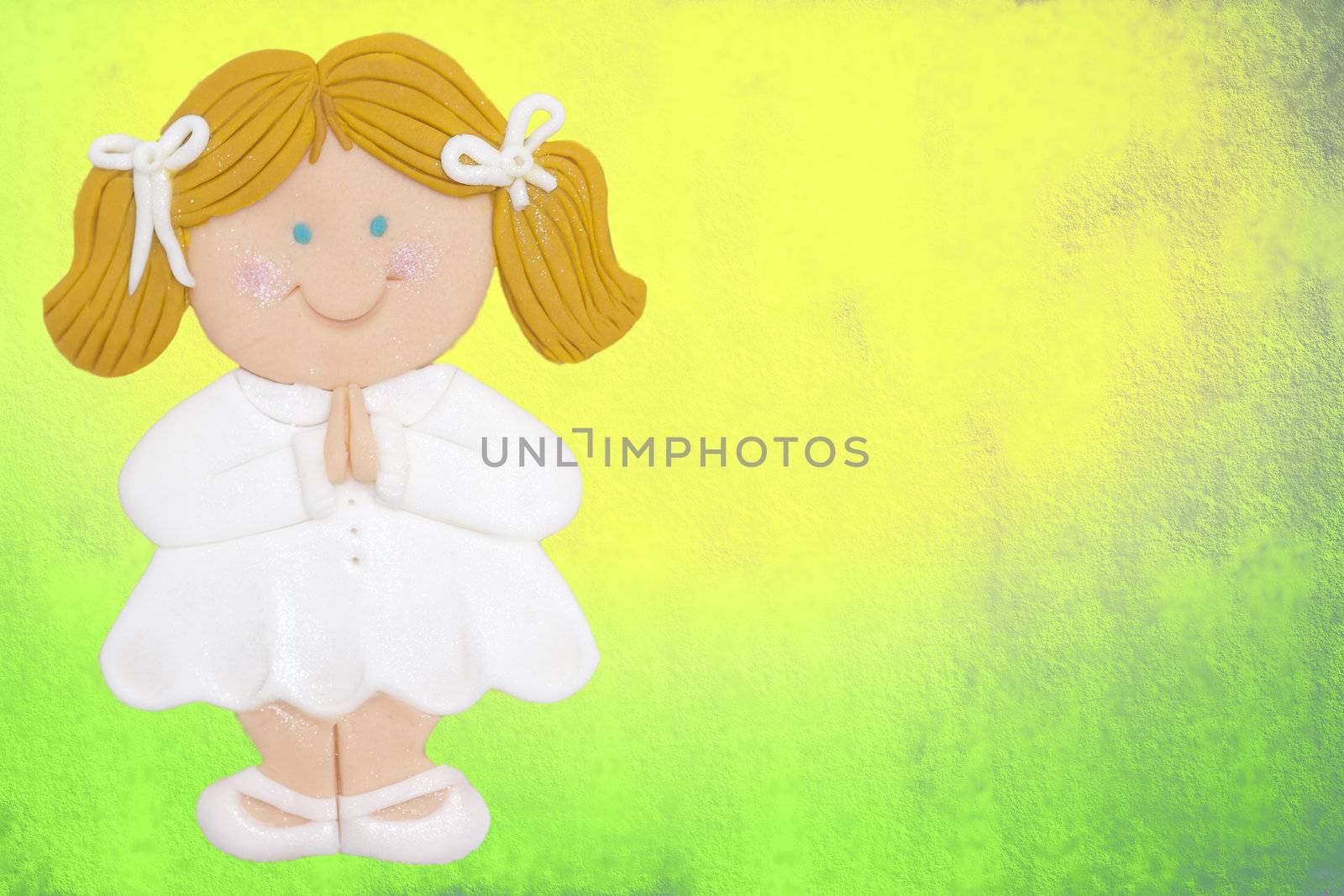 greeting invitation card, first communion, blonde girl,colorful background