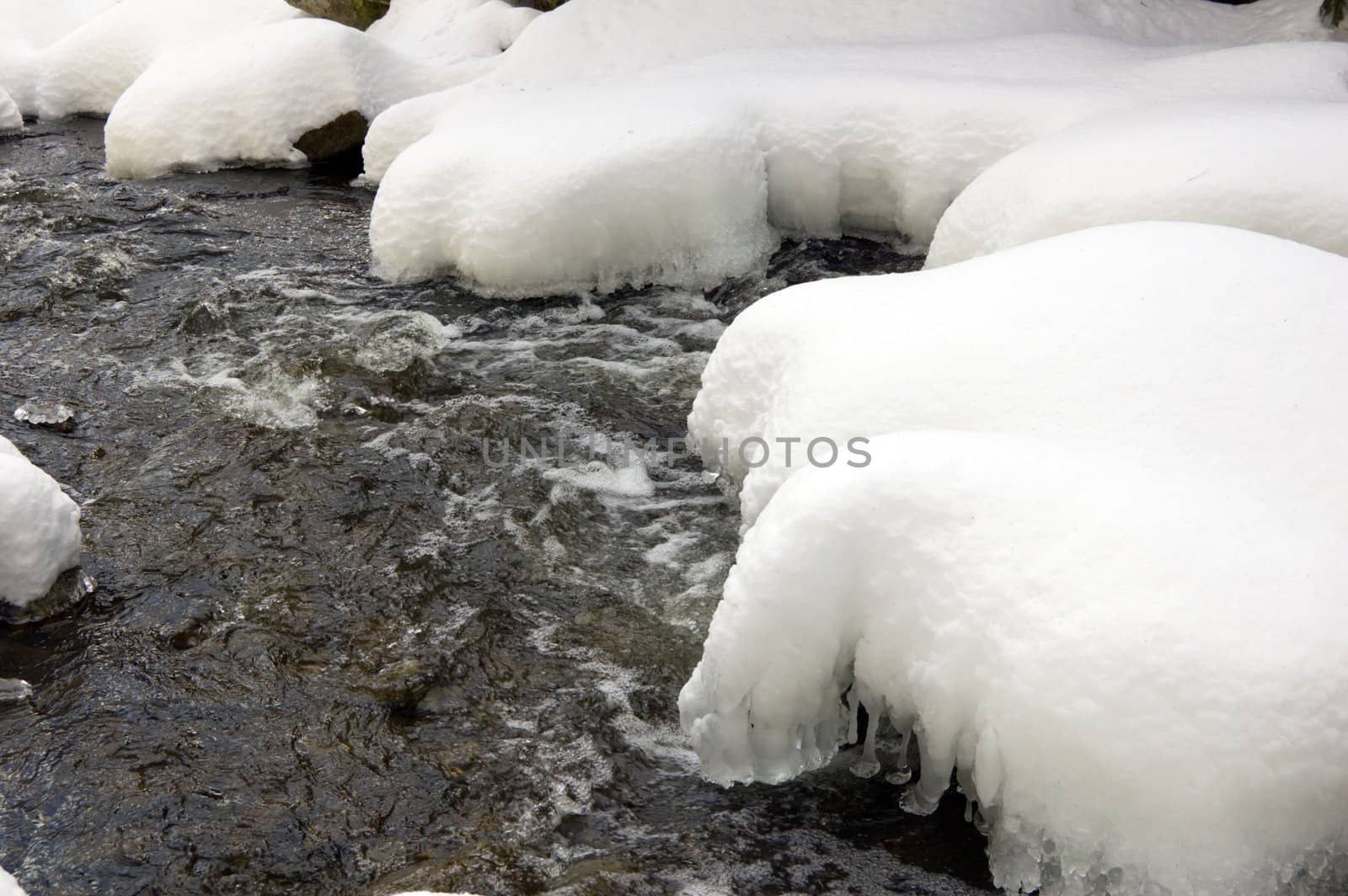 Snowy creek with snow bumps