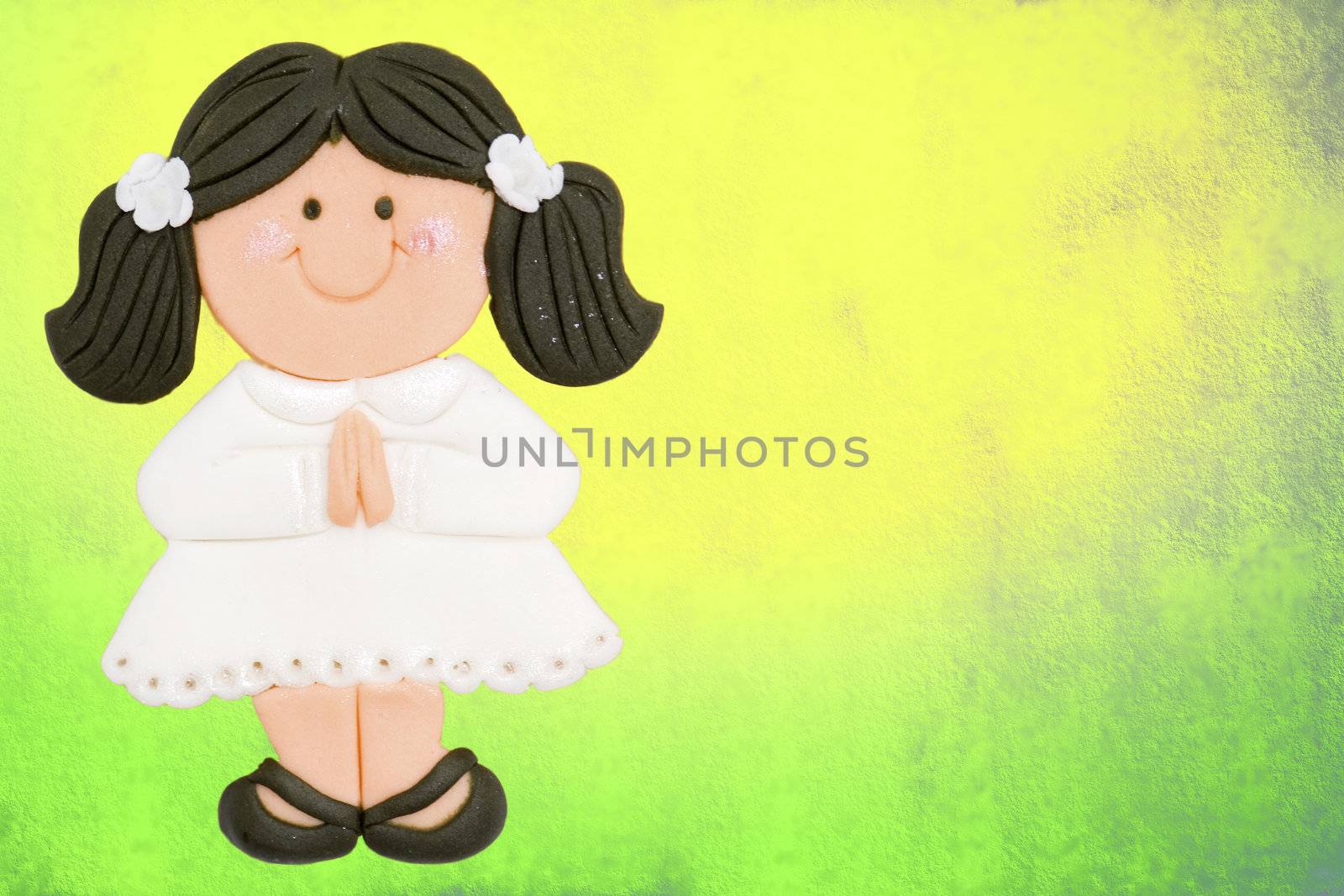 greeting invitation card, first communion girl brown, colorful background