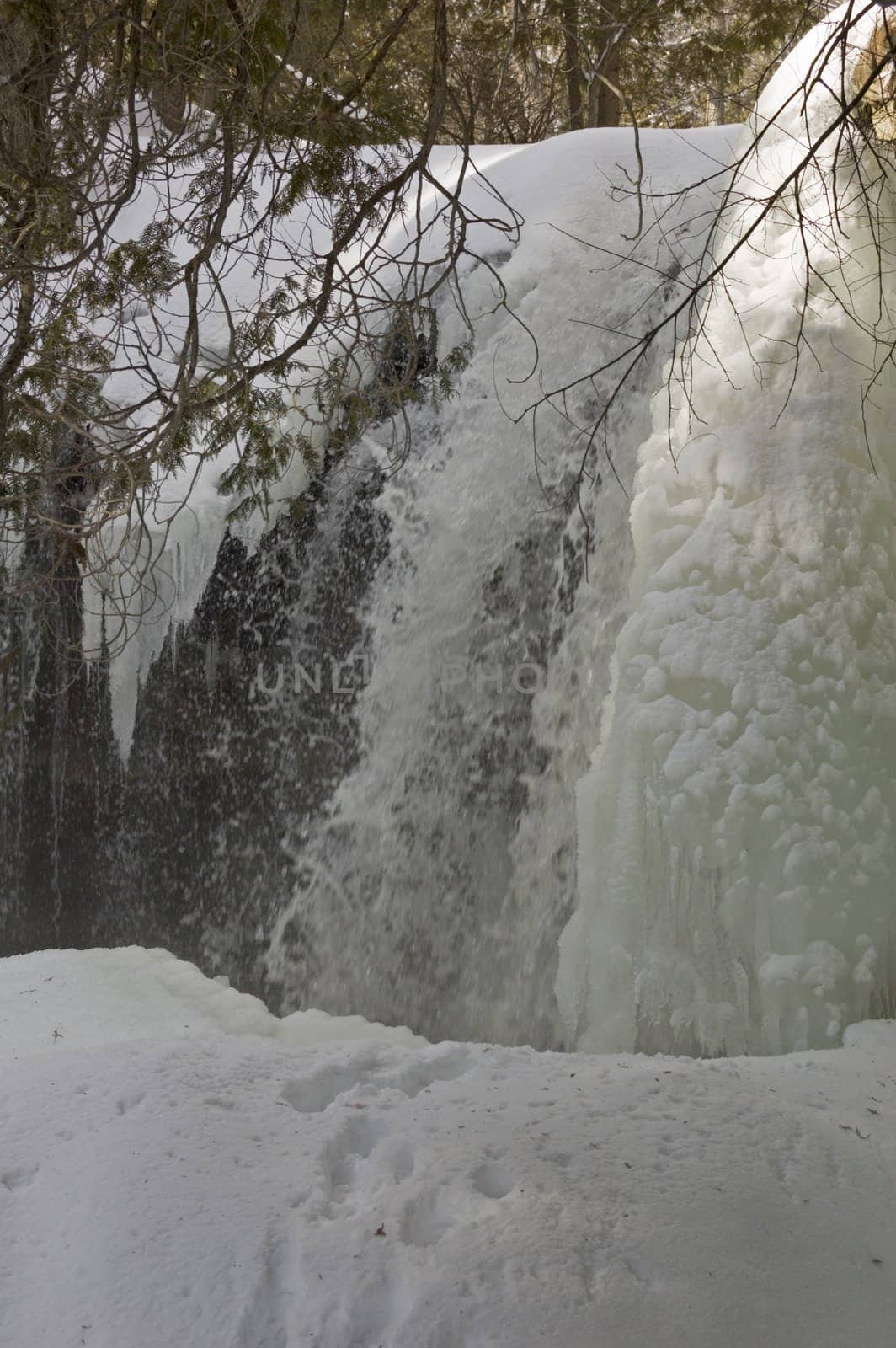 Flowing water of waterfall between snow and ice