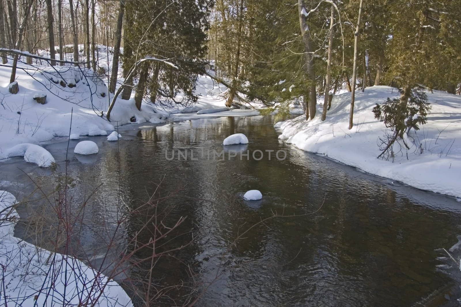 Snowy creek with snow bumps