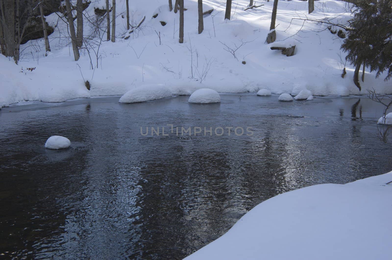 Snowy creek with snow bumps. Hillton Falls.