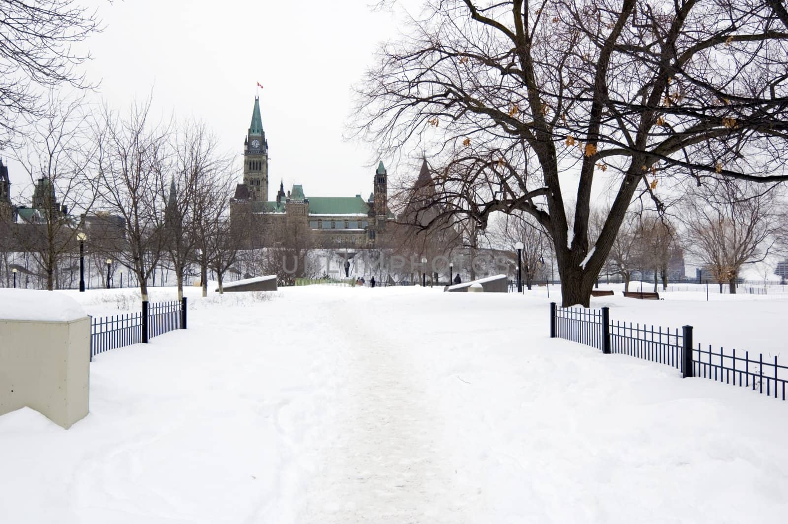 Park under snow around the Parlament in Ottawa