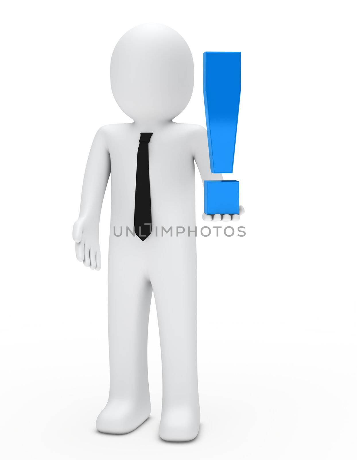 business man hold a blue exclamation mark