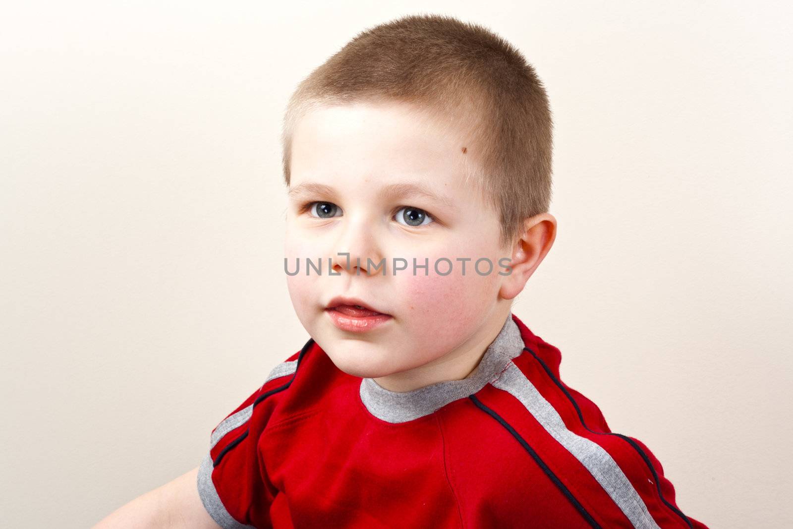portrait of little boy in red shirt
