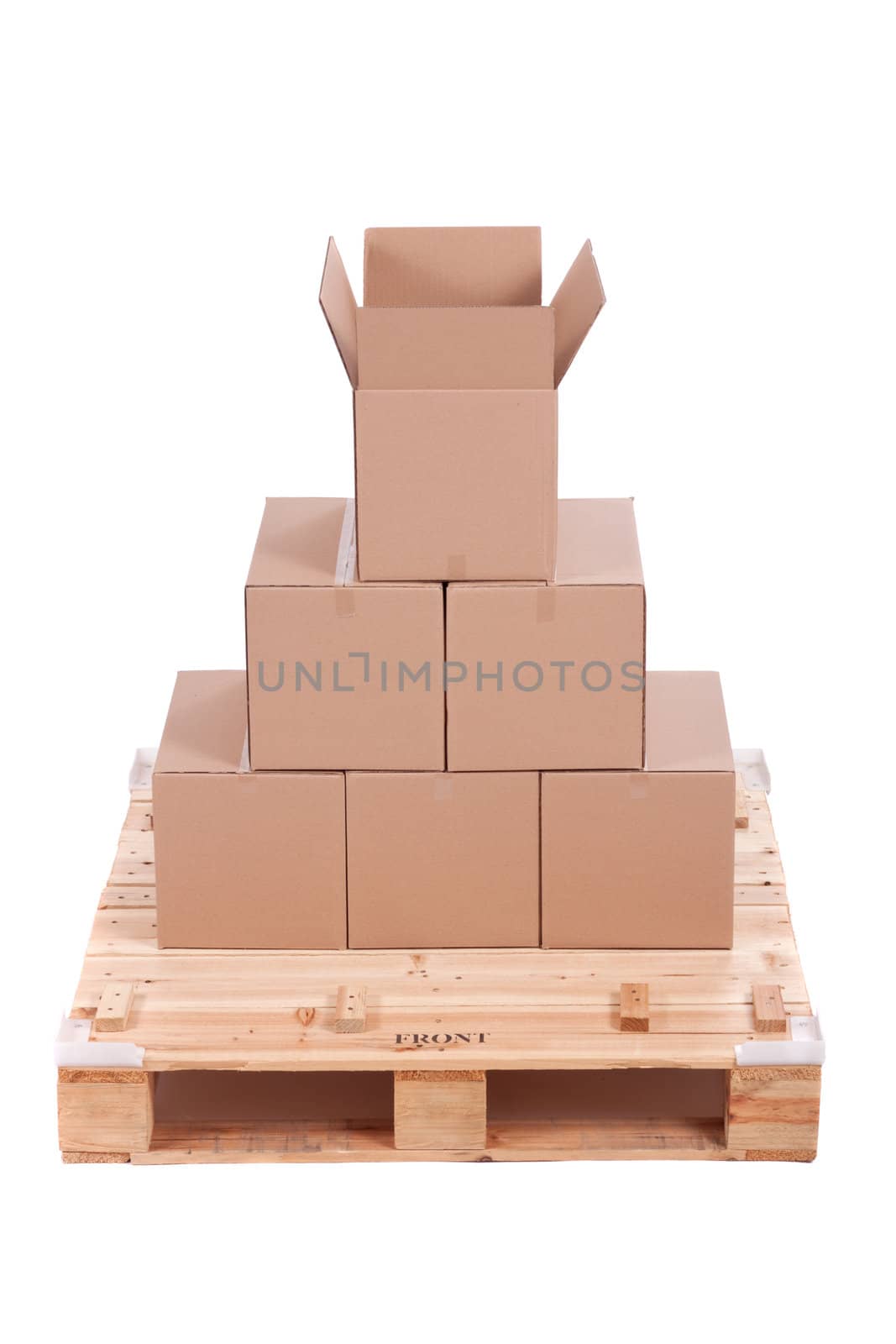 cardboard boxes on wooden palette isolated on white