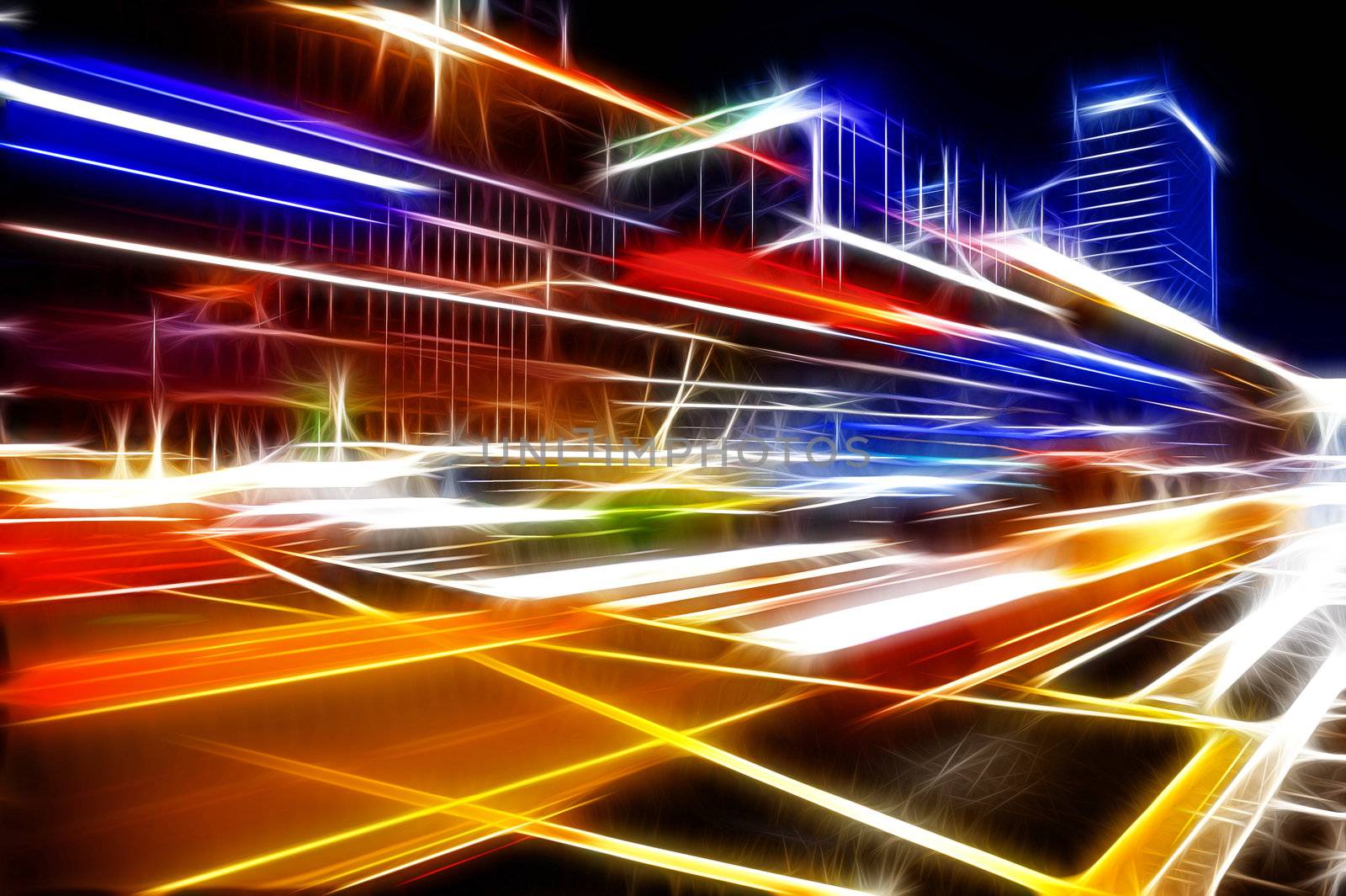 High speed and blurred bus light trails in downtown nightscape by jackq