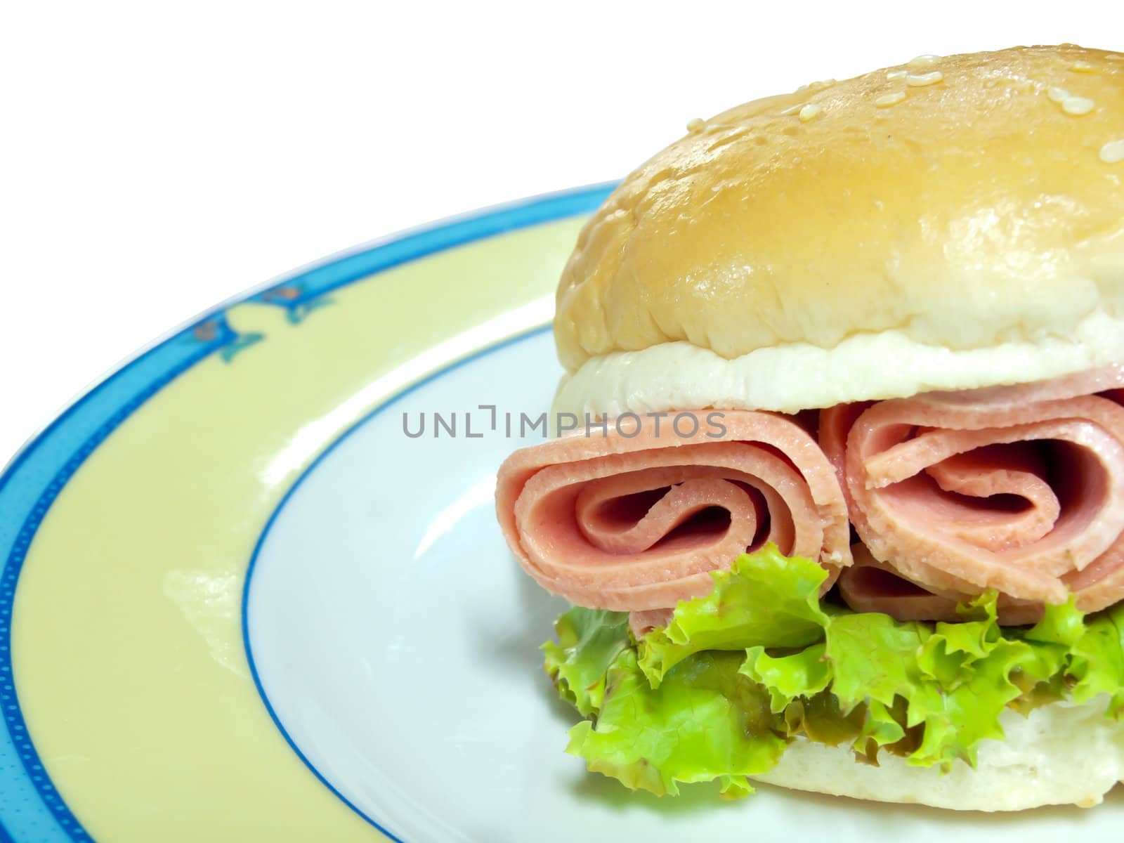 Hamburger with ham rolls on dish isolate on white