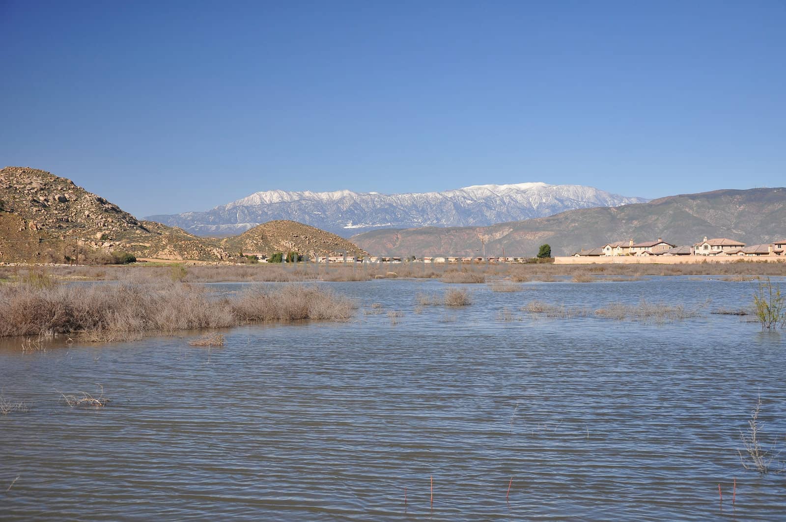 Snow-capped Mount San Gorgonio is seen in the distance beyond this pond in Hemet, California.