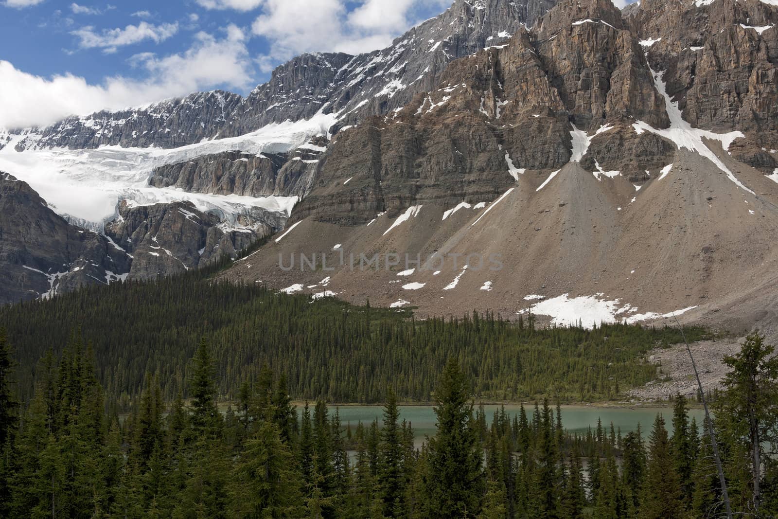 Glacier in the Canadian Rocky Mountains with lake and forest dow by Claudine