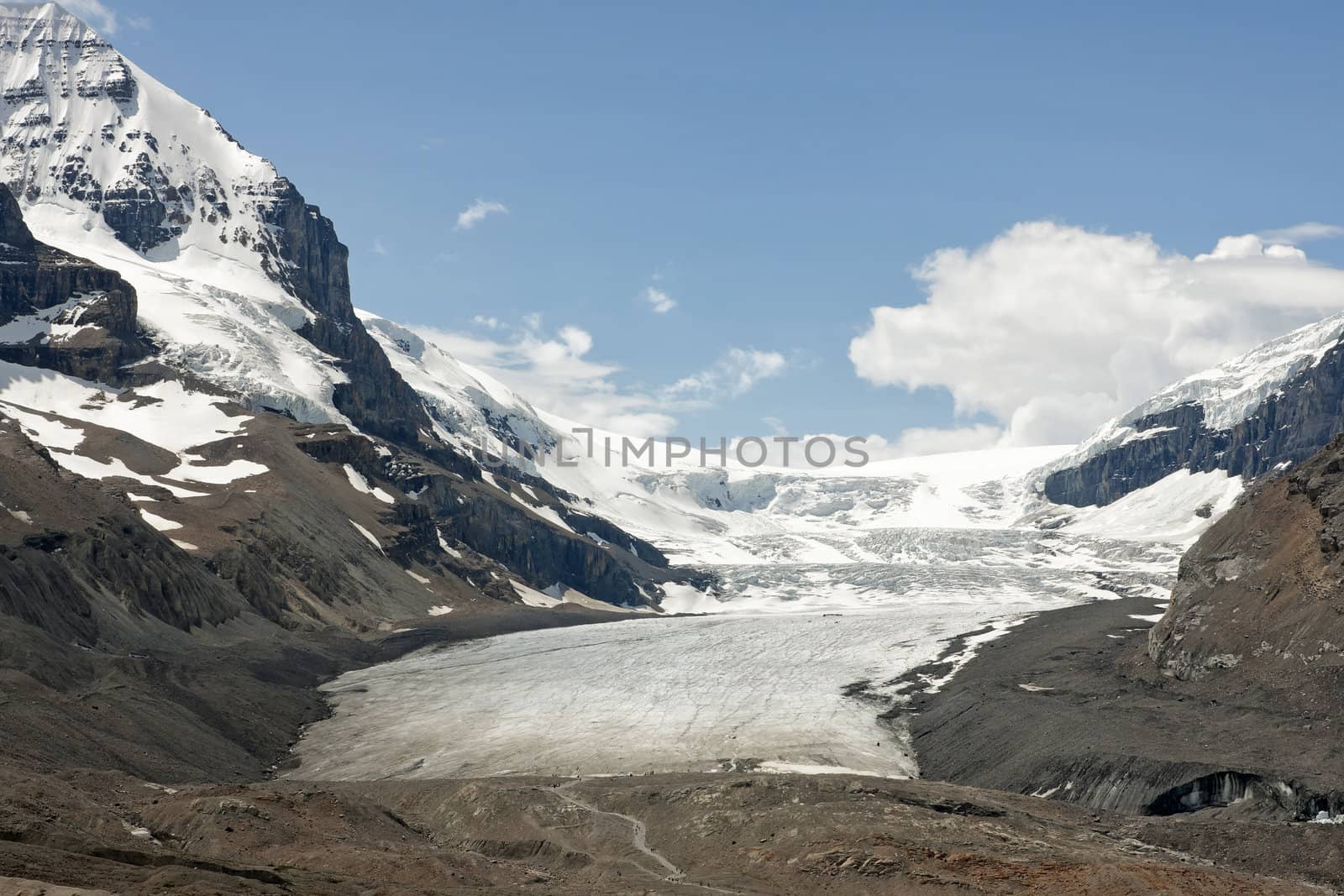 The white glacier capped by blue skies descends in brown dry valley.