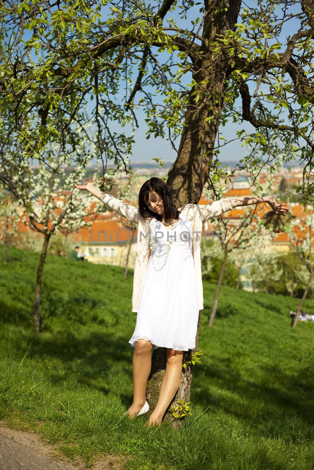 Bride standing in a tree