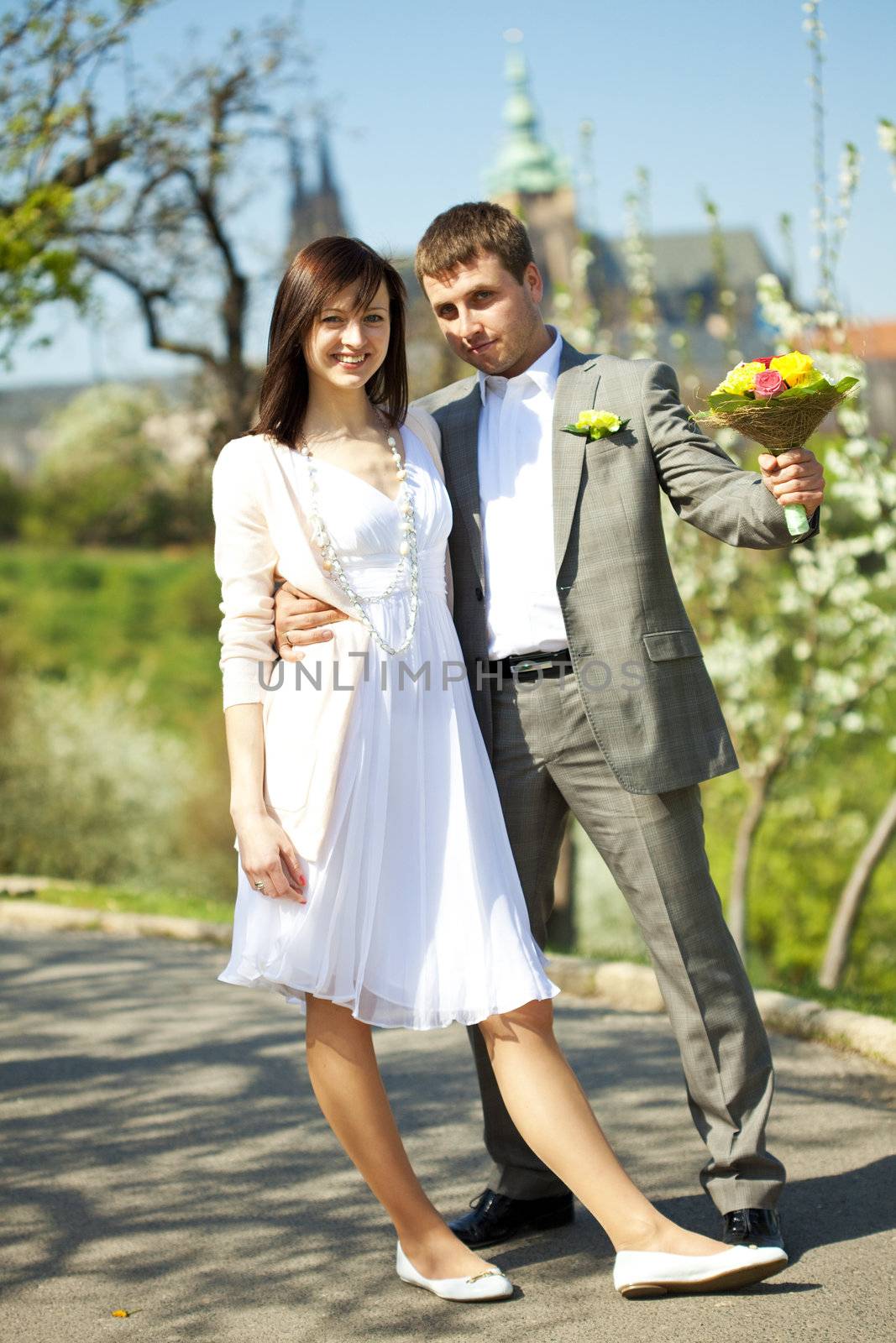  just married in a flowering garden