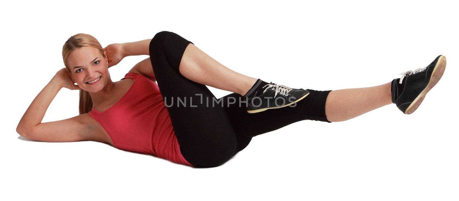 Woman doing sit-ups, isolated against a white background.
