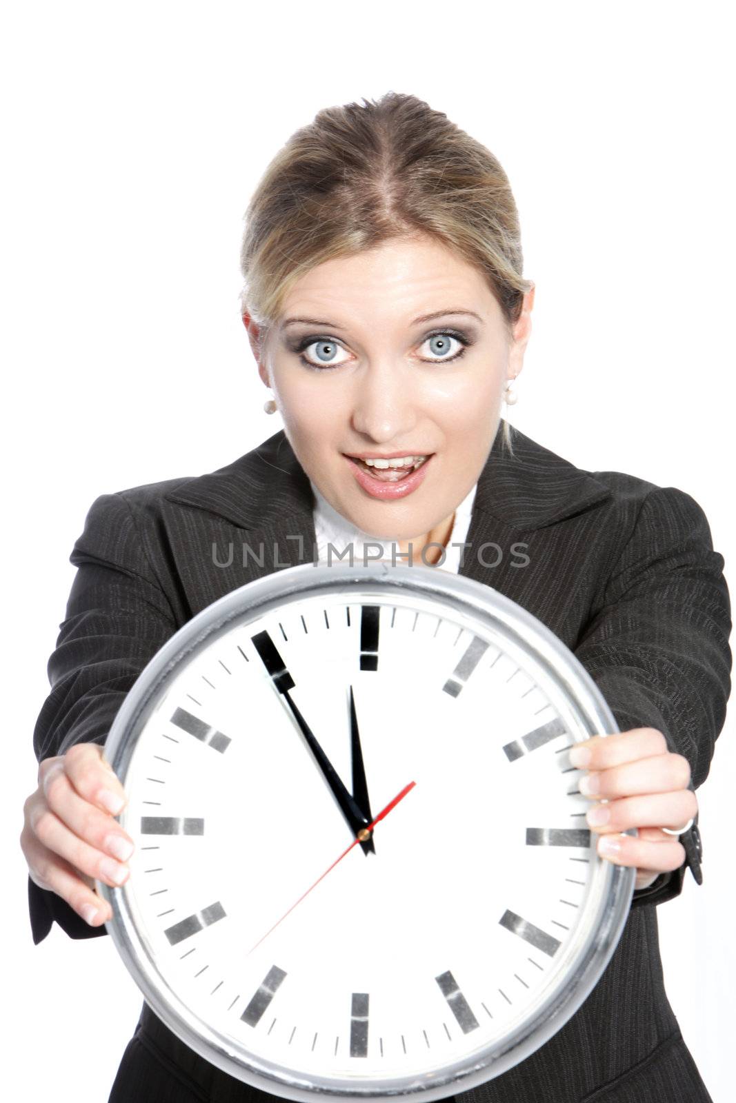 Conceptual portrait of businesswoman showing a clock