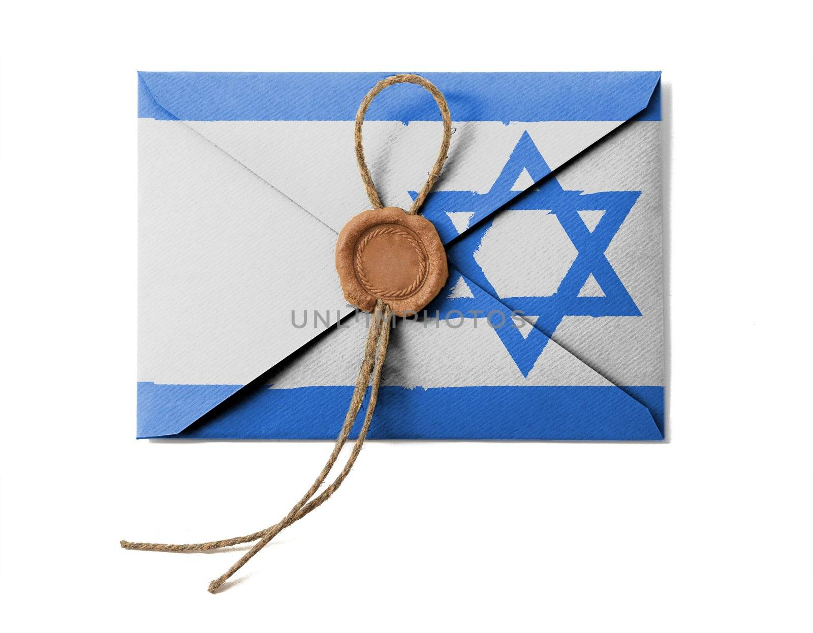 The Israeli flag on the mail envelope. Isolated on white.