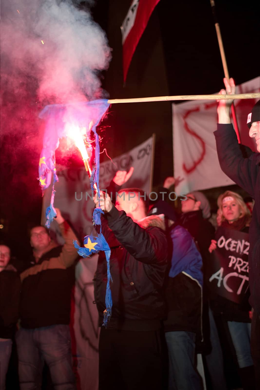 2012.01.25 Gorzow Wielkopolski. Anti ACTA ( Anti-Counterfeiting Trade Agreement ) manifestation. EU Flag Burning.