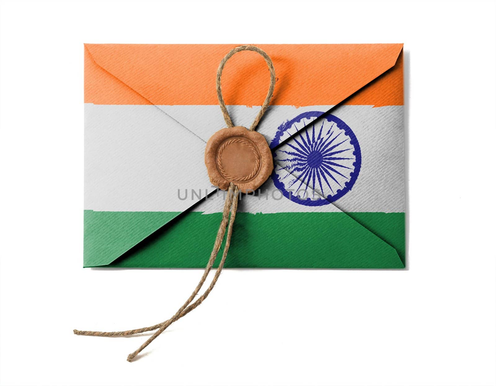 The Indian flag on the mail envelope. Isolated on white.
