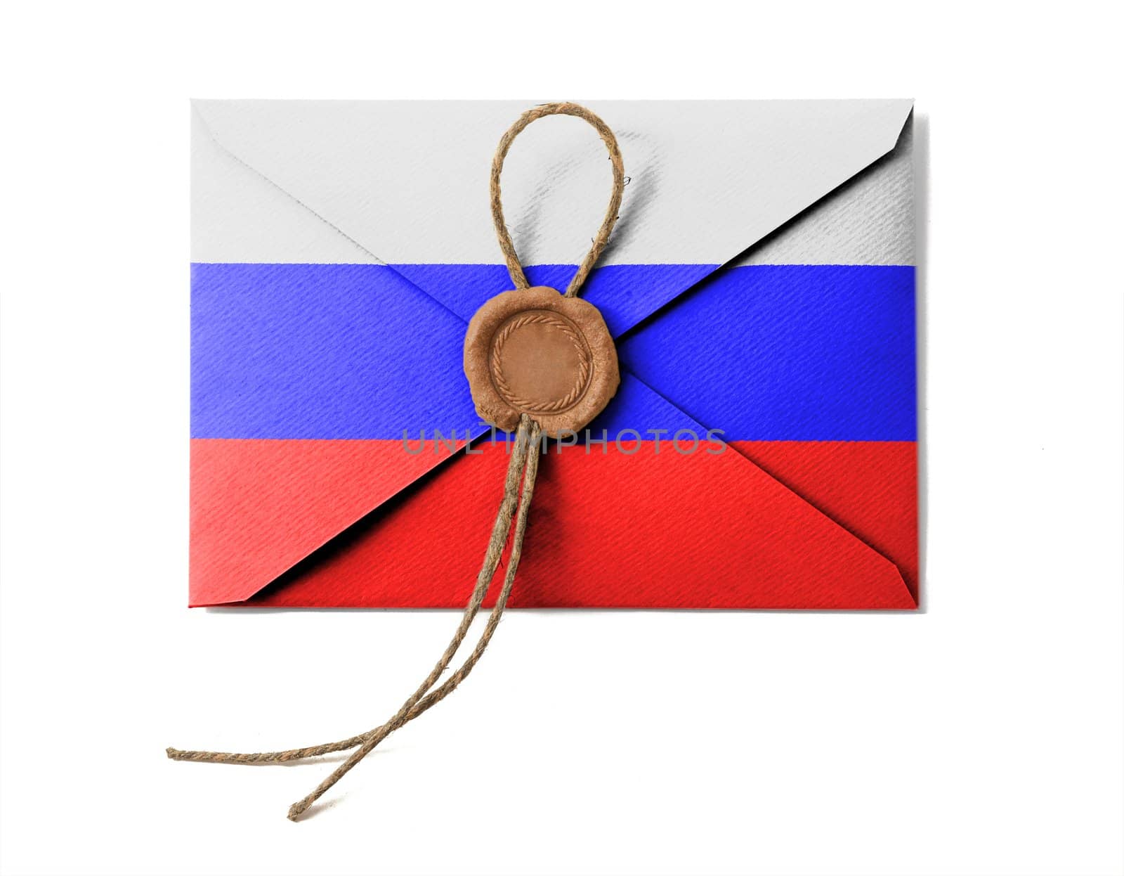 The Russian flag on the mail envelope. Isolated on white.
