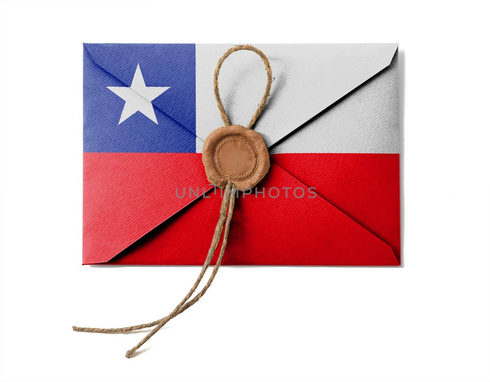 The Chile flag on the mail envelope. Isolated on white.