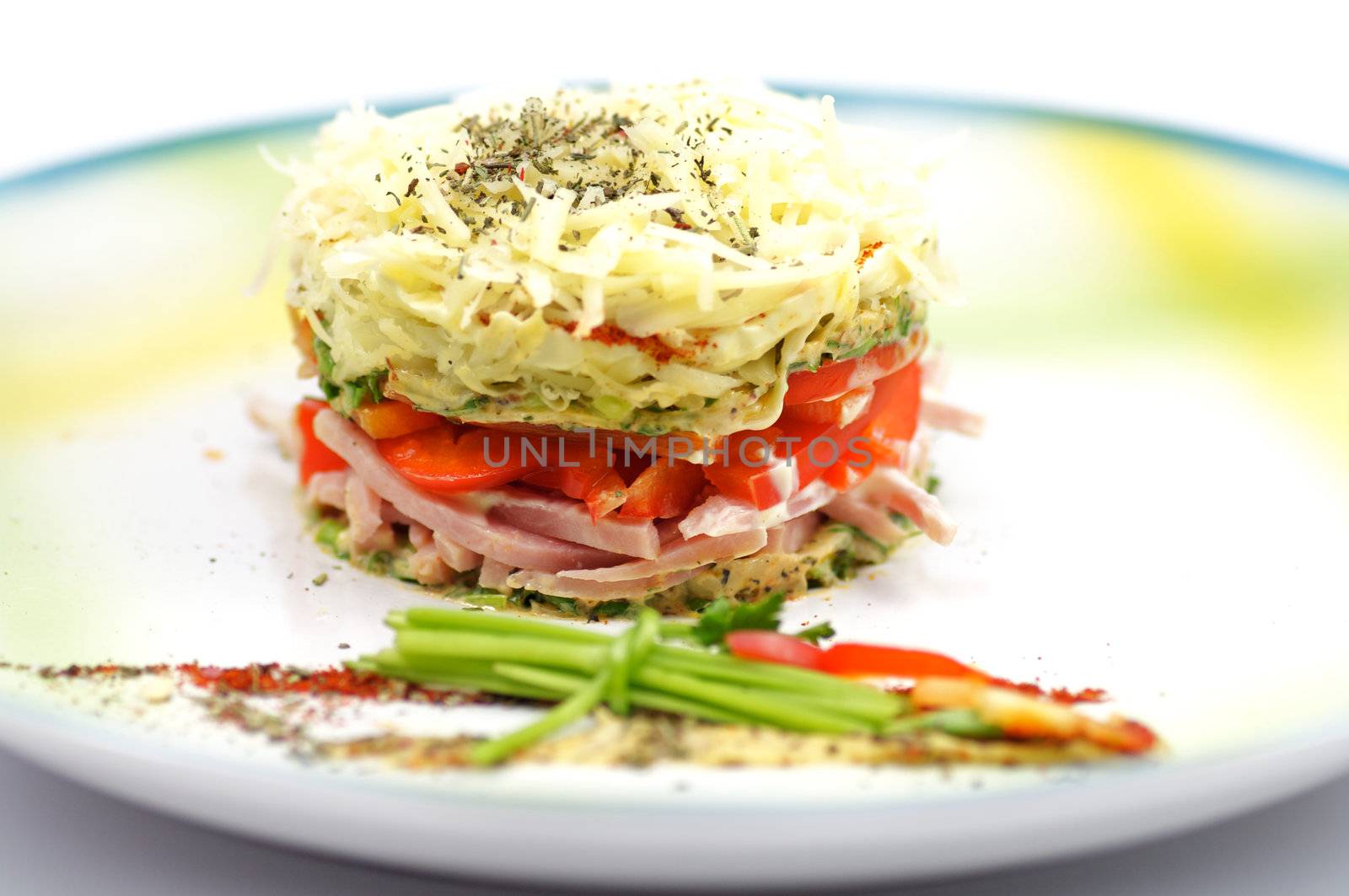 Cheese salad with red bell pepper, greens, bacon and spices