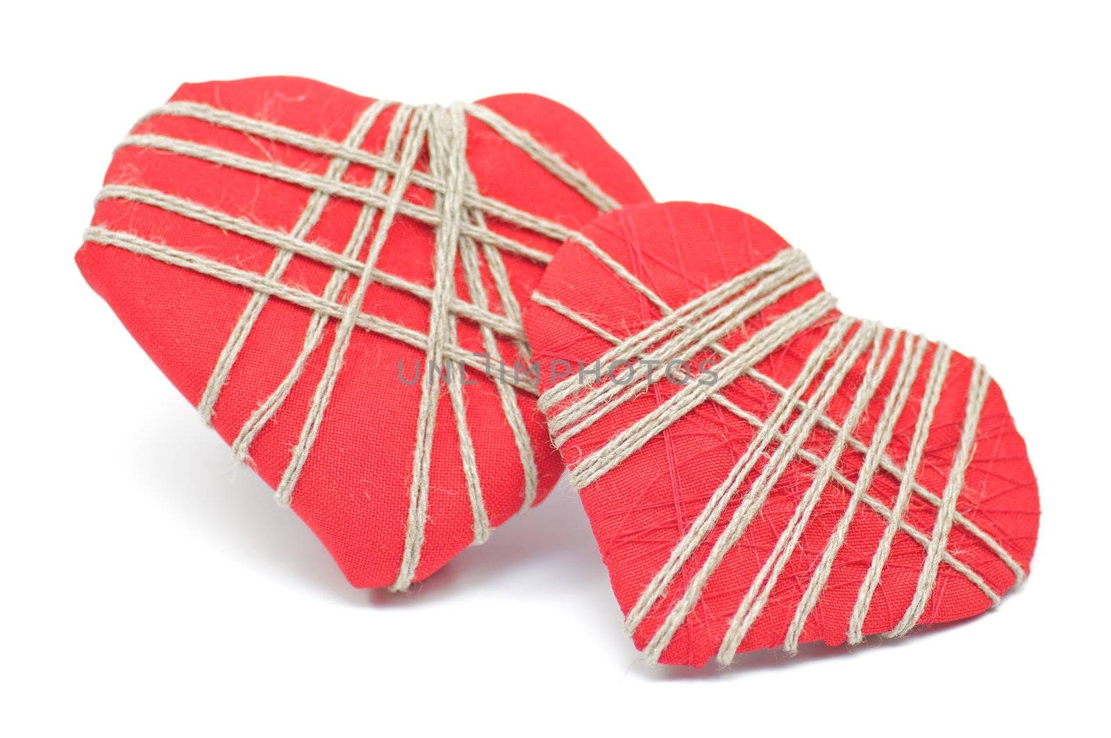 Handmade Valentine Red Hearts decorated with cord threads