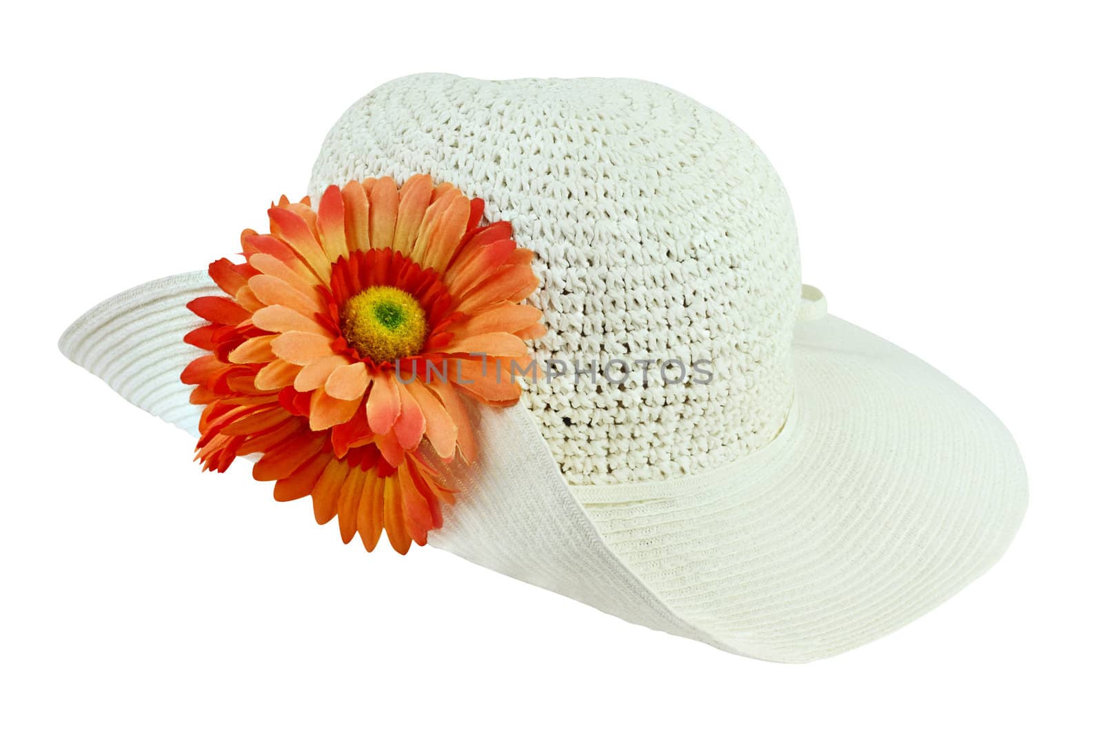 White sunhat with flowers isolated over a white background with clipping path included.